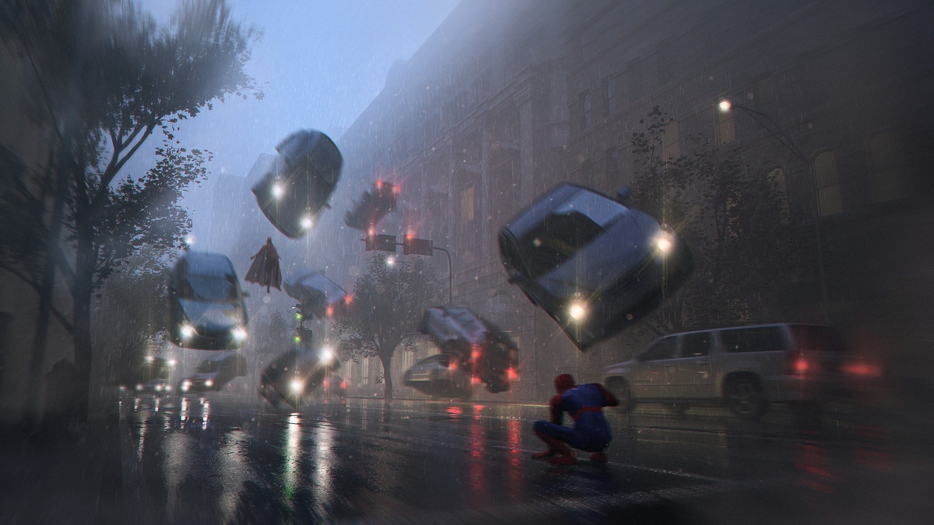 Spider-Man and Magneto in a rainy city street HD Wallpaper