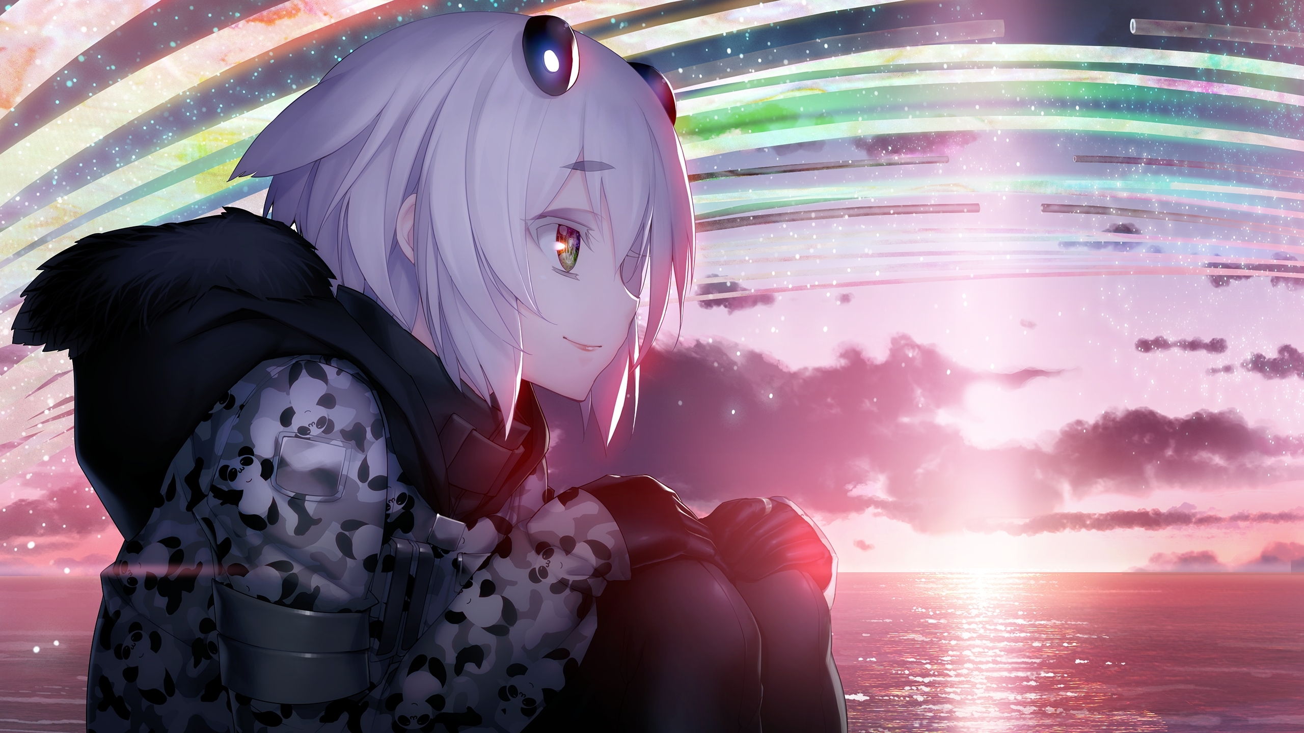 white hair, sea, sunset, anime girls, anime HD Wallpaper