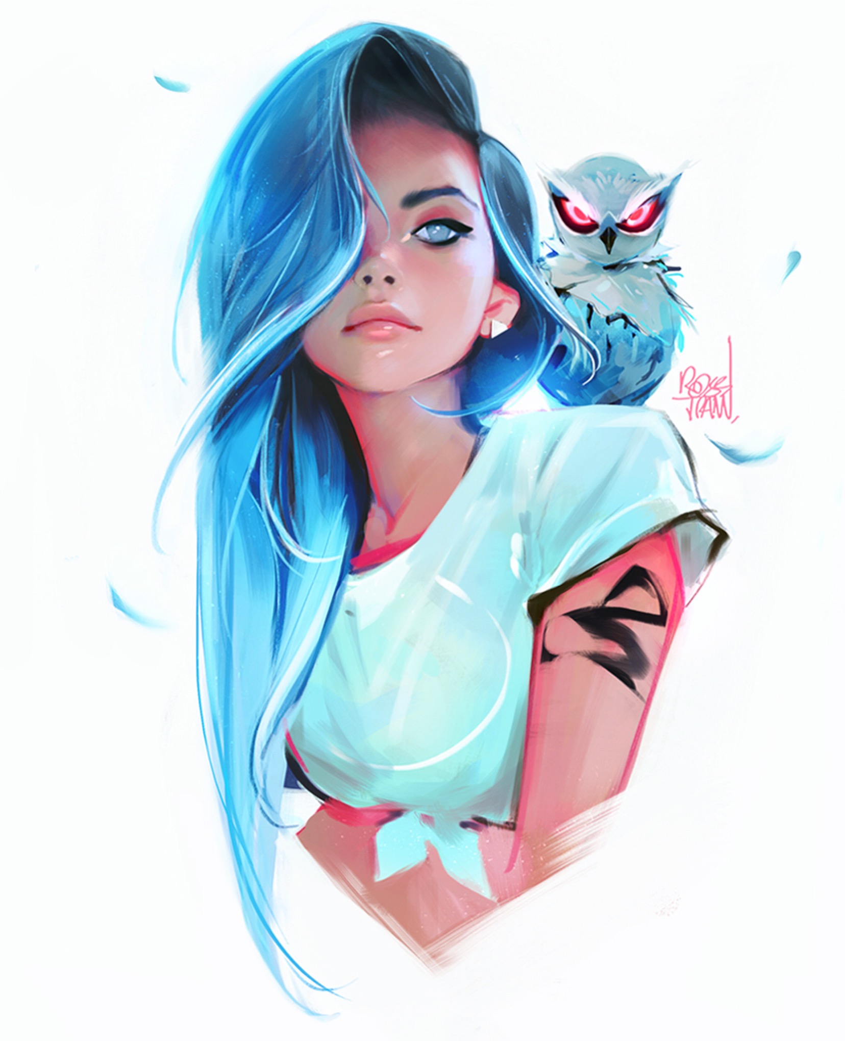 Woman with blue hair and owl HD Wallpaper