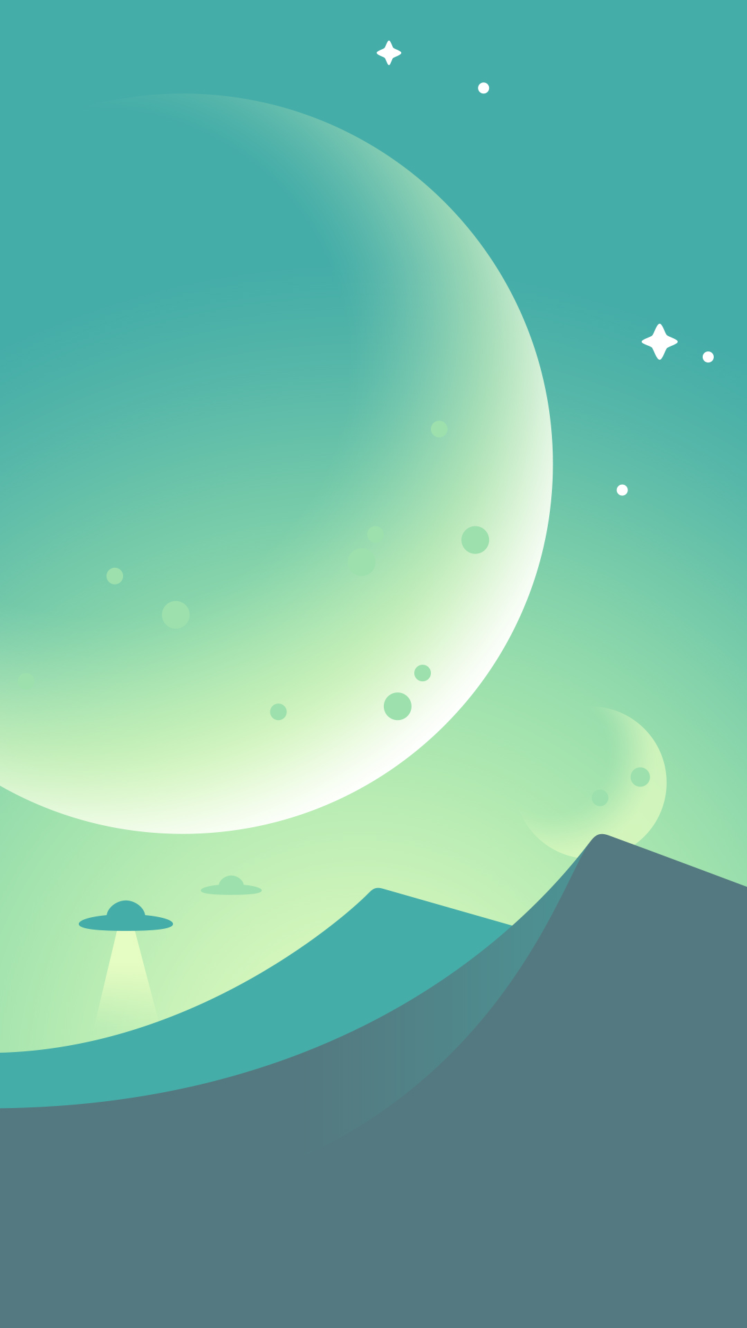 UFOs flying over alien mountains with planets and stars HD Wallpaper