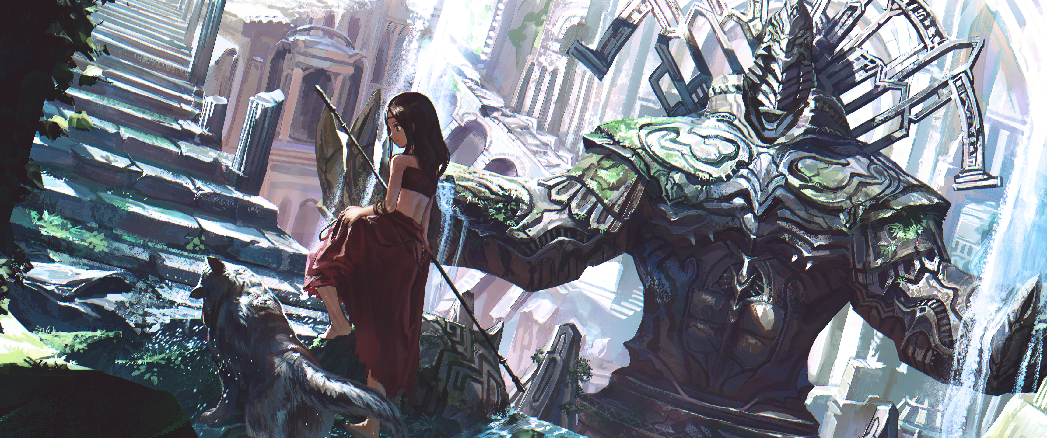 Girl and wolf in ancient ruins with stone statue HD Wallpaper