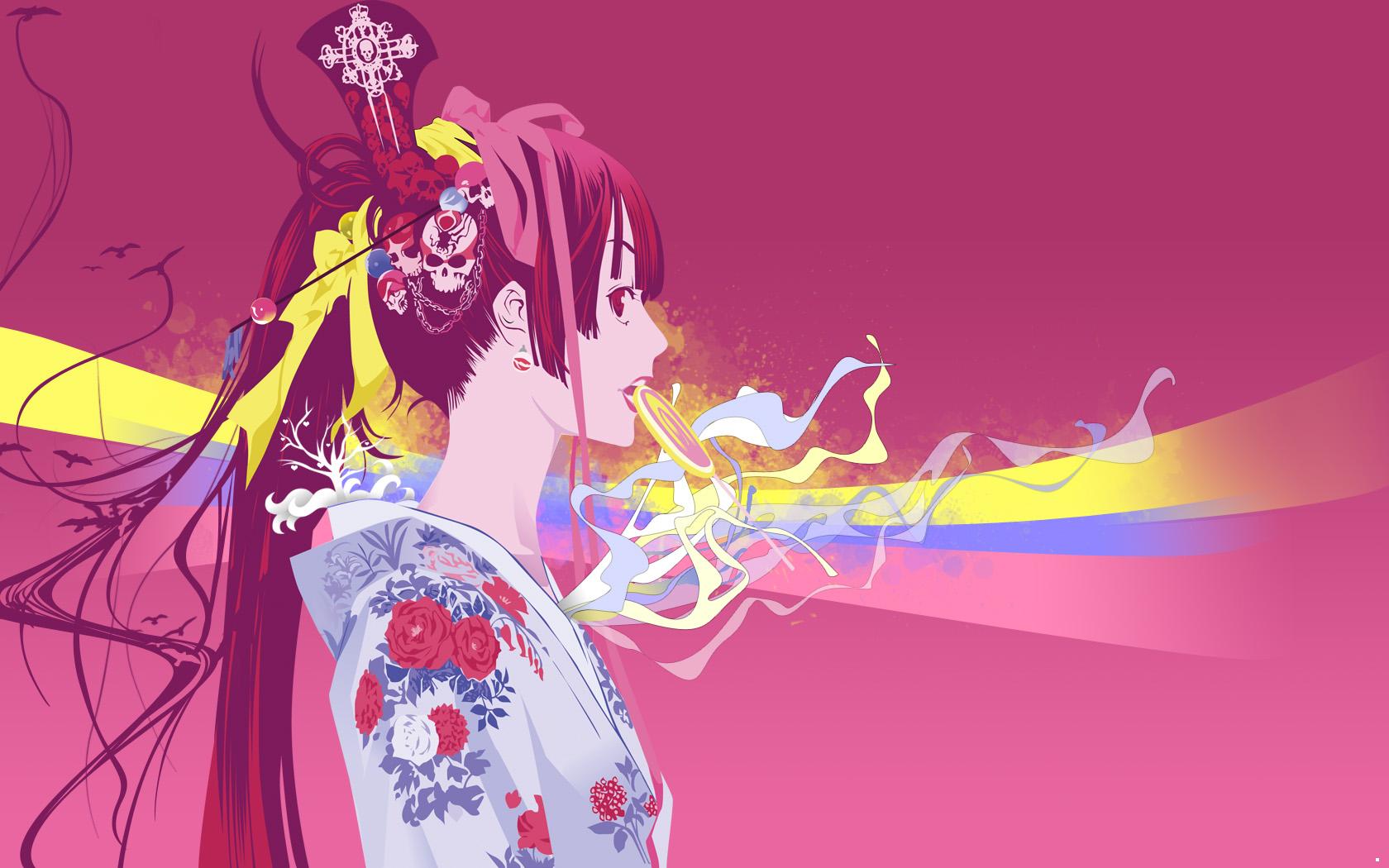 Anime girl in kimono with elaborate hair ornaments HD Wallpaper