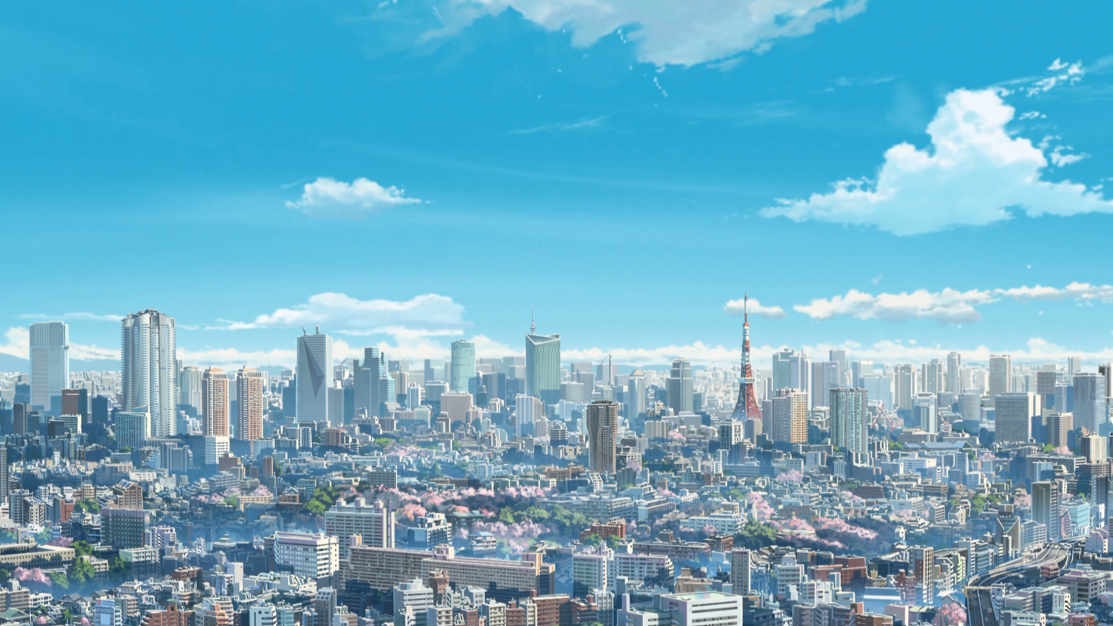 Cityscape with Tokyo Tower and cherry blossoms HD Wallpaper