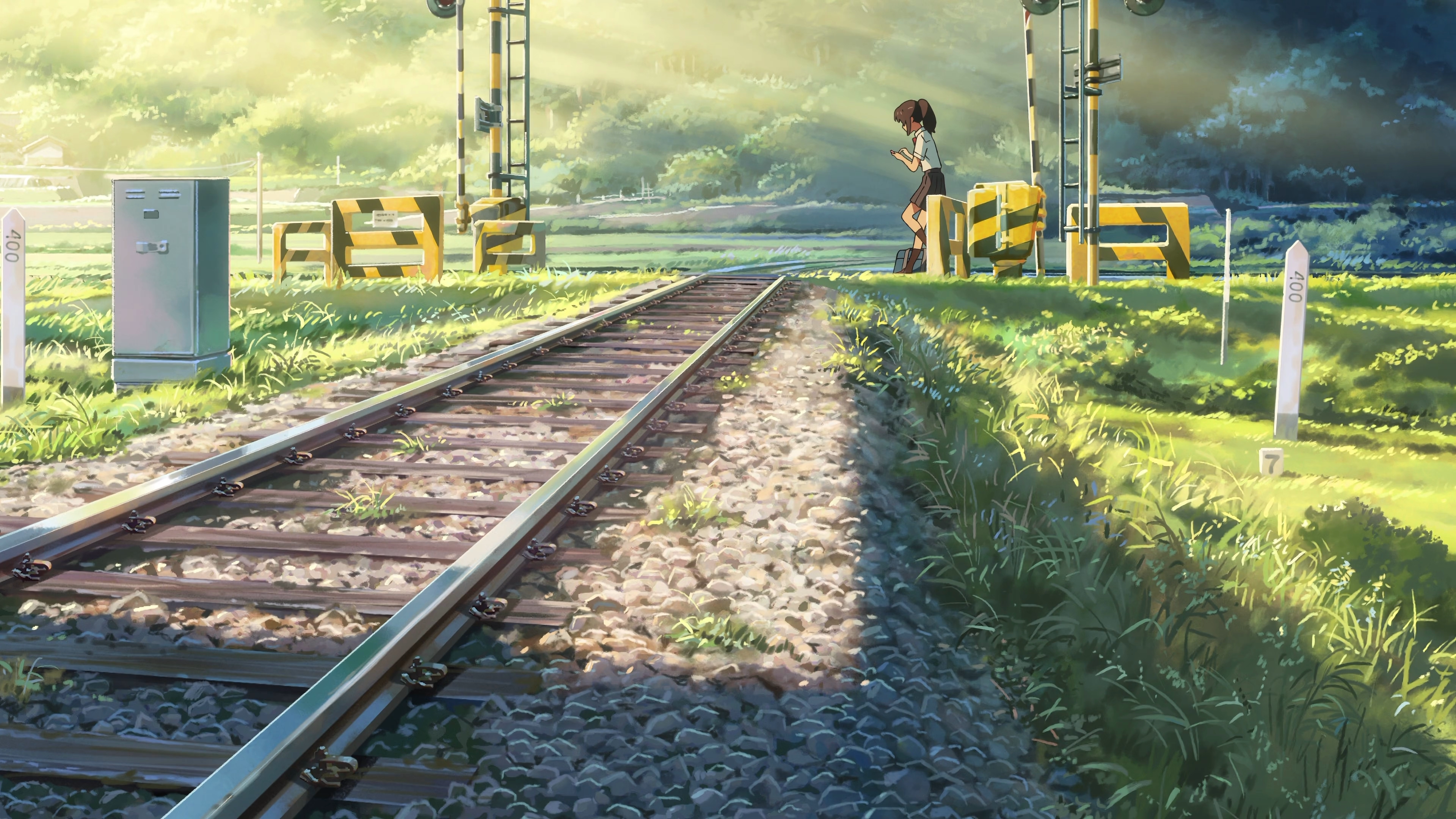 Anime girl at a railway crossing HD Wallpaper