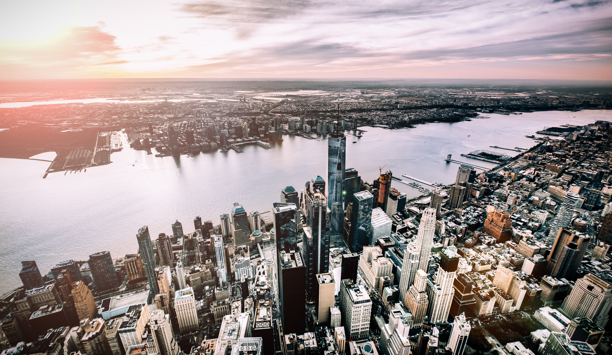 Aerial view of New York City skyline at sunset HD Wallpaper