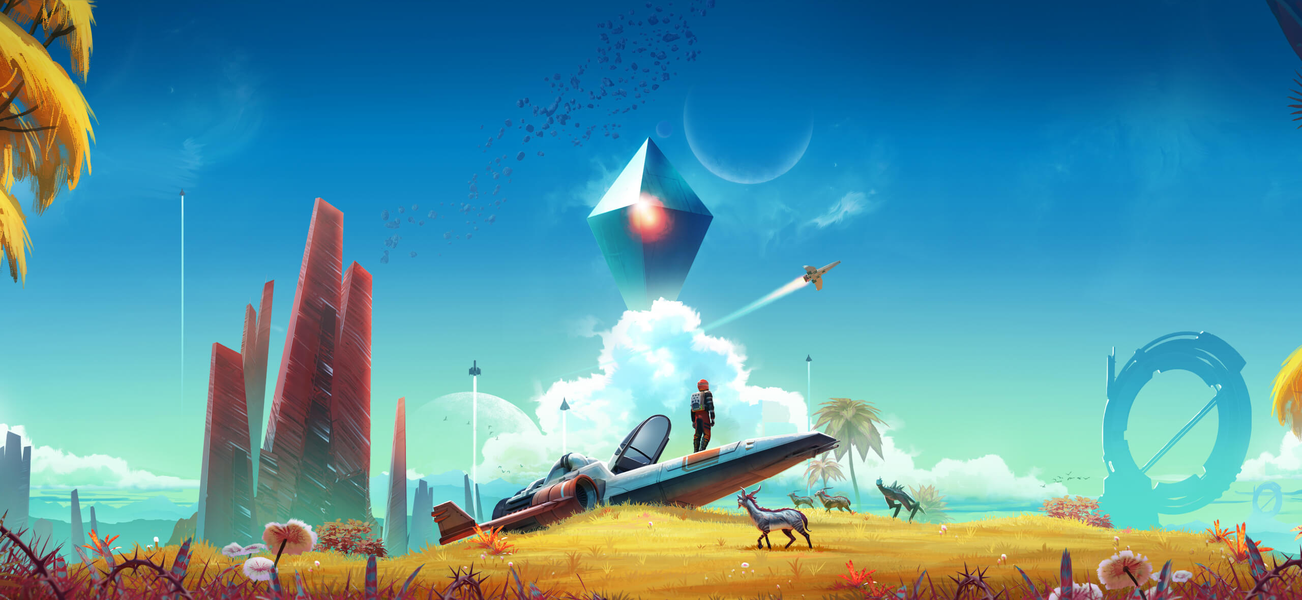 No Man's Sky alien planet with crashed spaceship HD Wallpaper