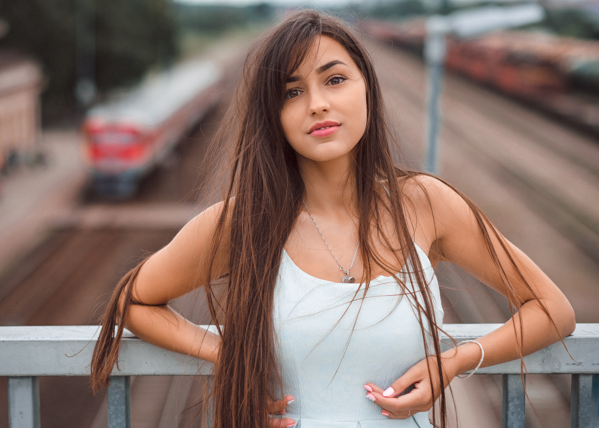 Woman in white dress on a bridge with a train HD Wallpaper