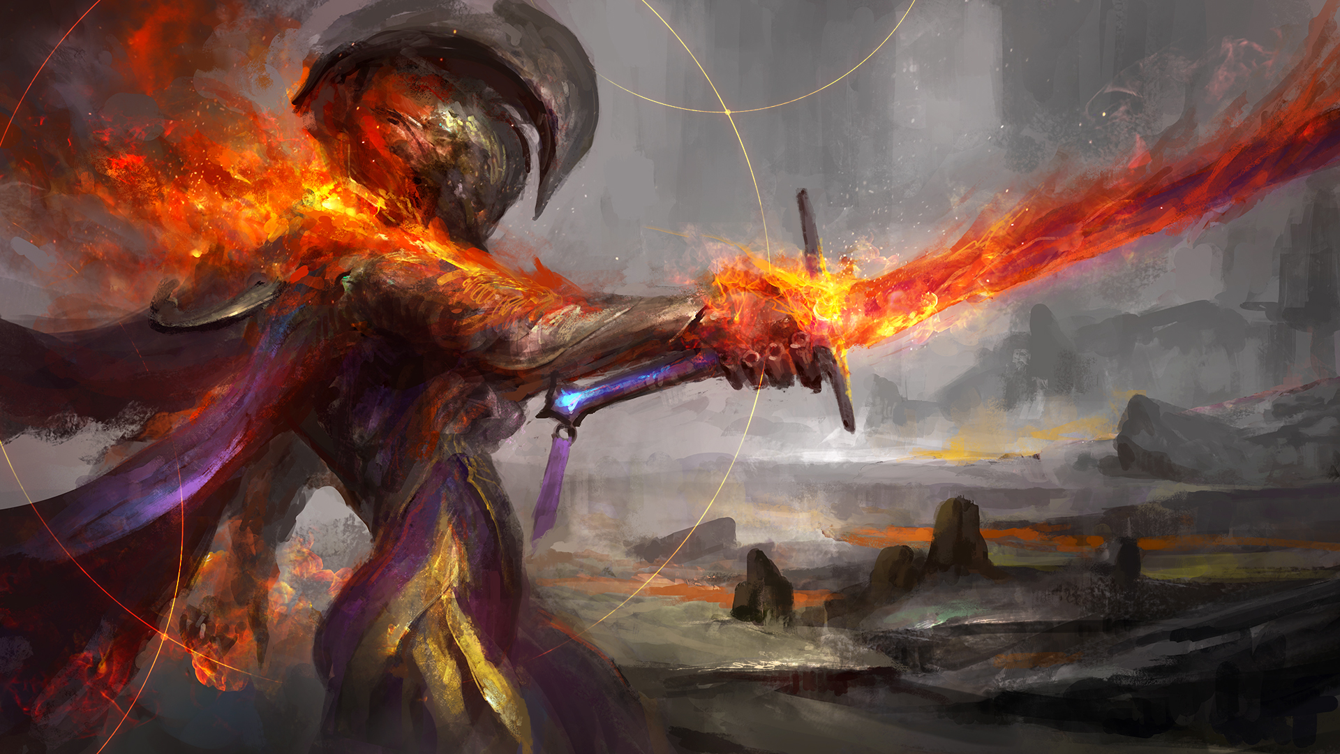 Warframe character wielding a fiery sword HD Wallpaper