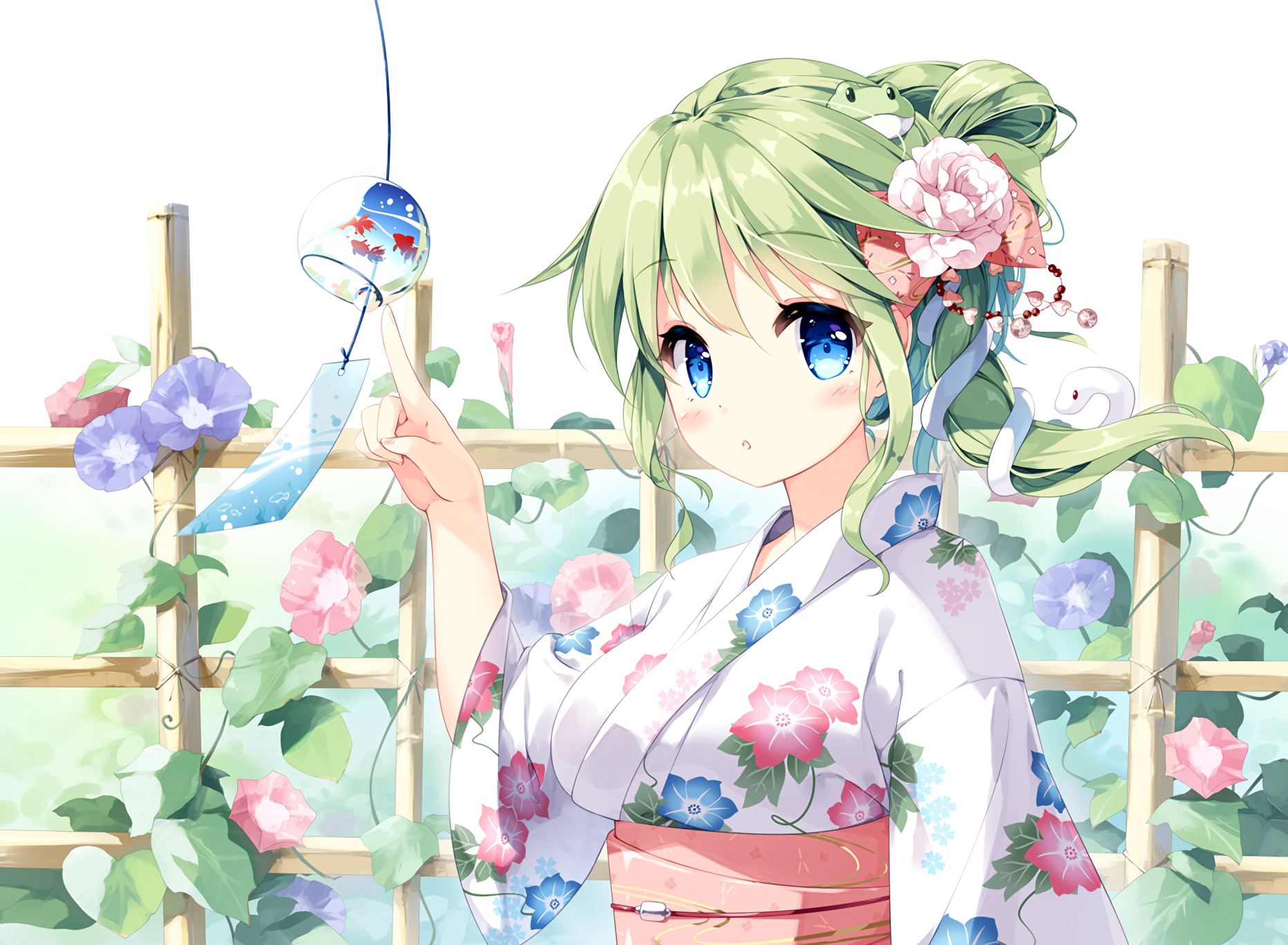 green hair, Japanese kimono, blue eyes, Kochiya Sanae, Touhou HD Wallpaper