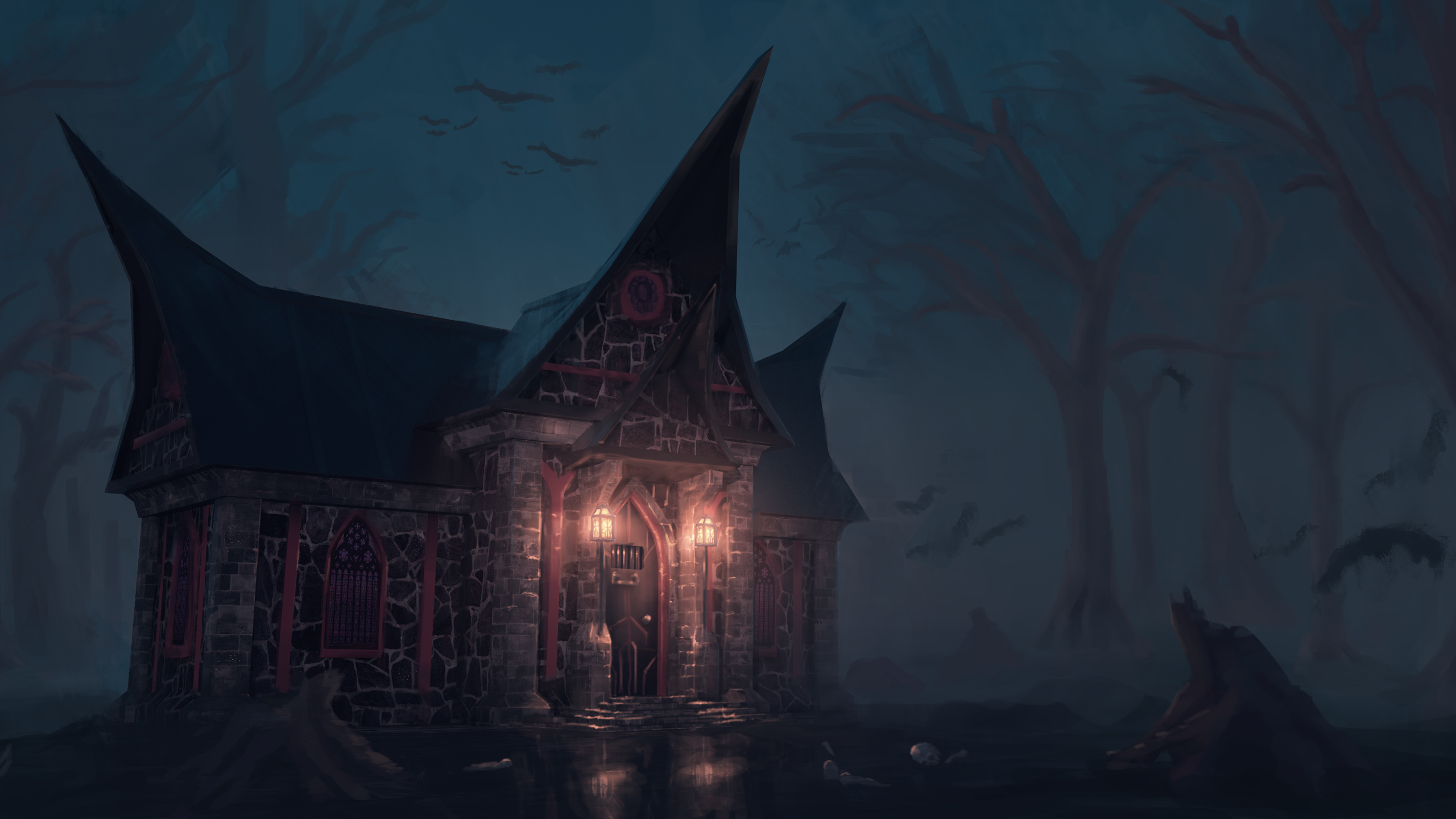 Gothic house in a dark, foggy forest with bats HD Wallpaper