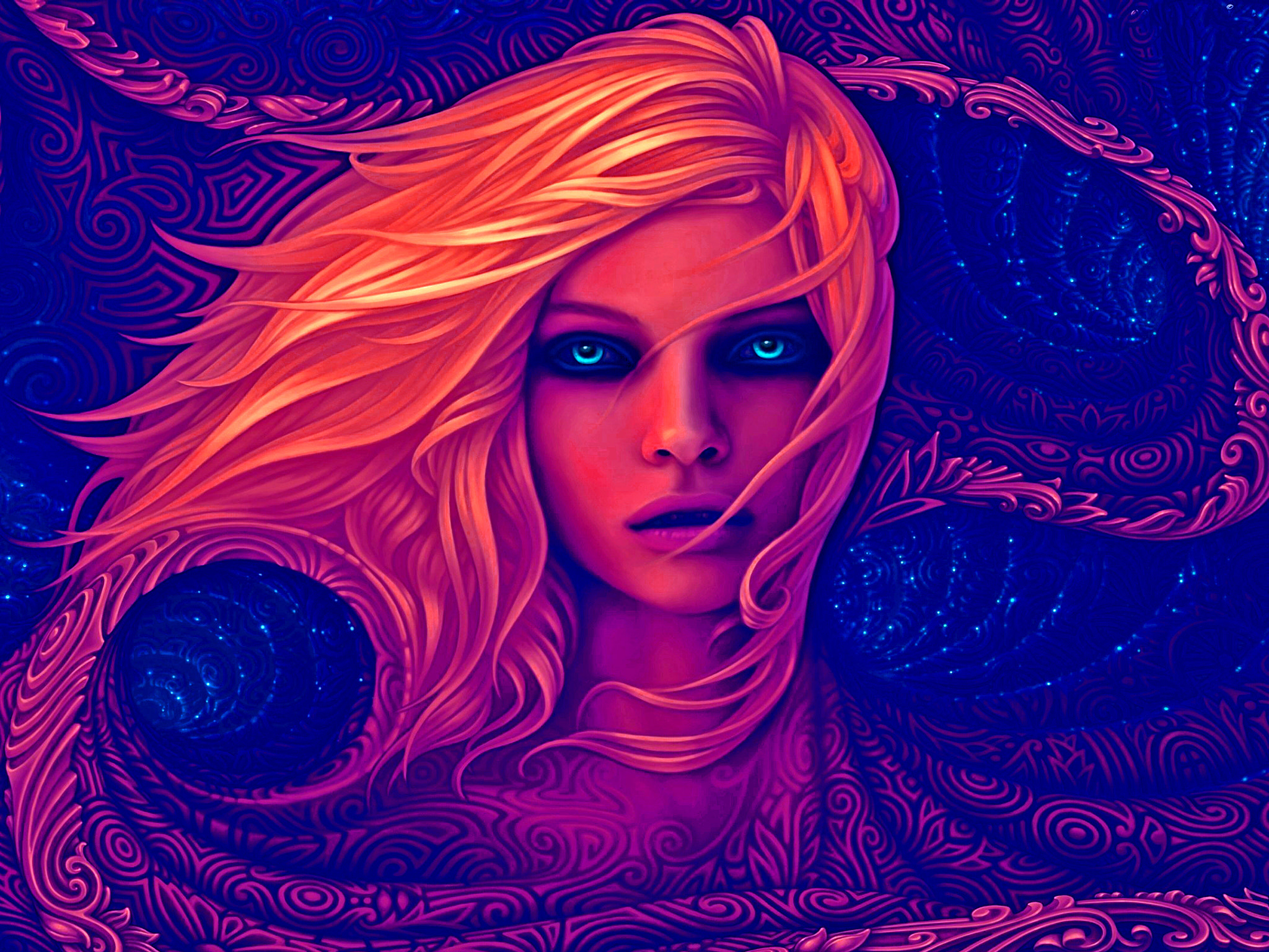 Fantasy girl with glowing blue eyes and orange hair HD Wallpaper