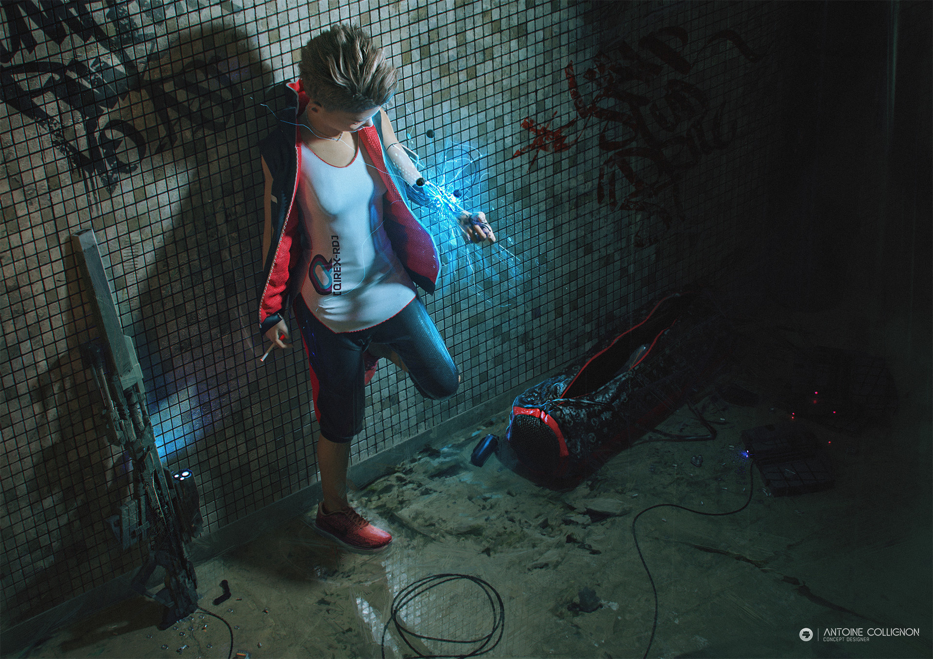 Cyberpunk character with glowing arm augmentation HD Wallpaper