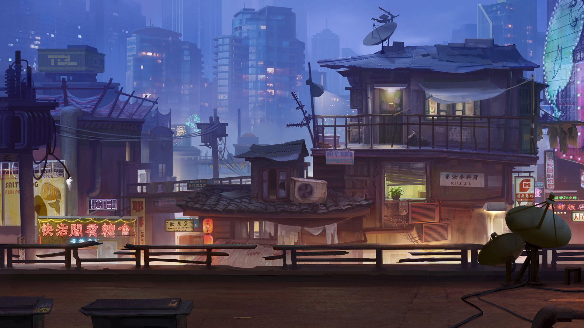 Cyberpunk cityscape with neon signs and buildings HD Wallpaper