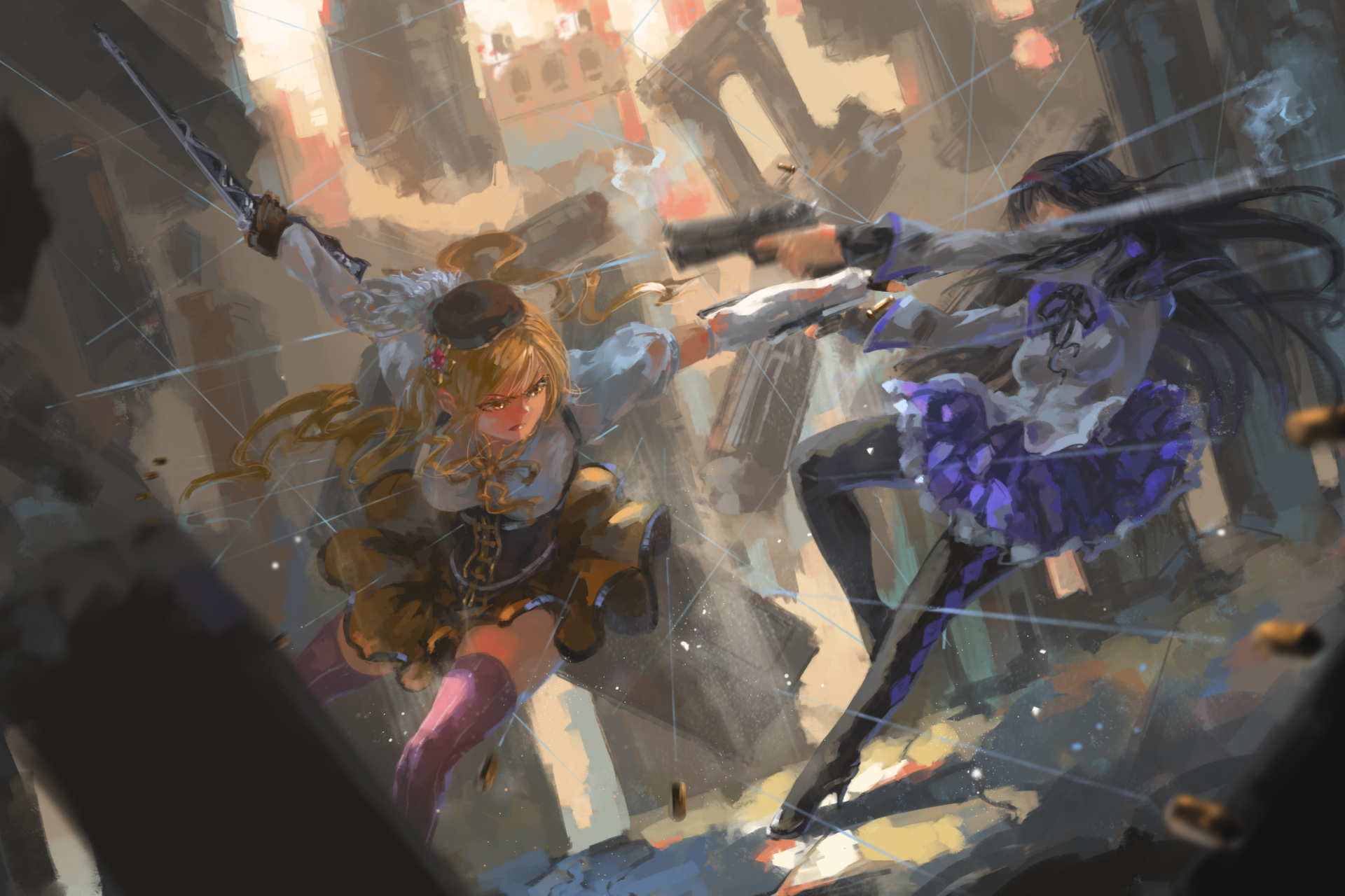 Tomoe Mami and Akemi Homura from Madoka Magica fighting HD Wallpaper