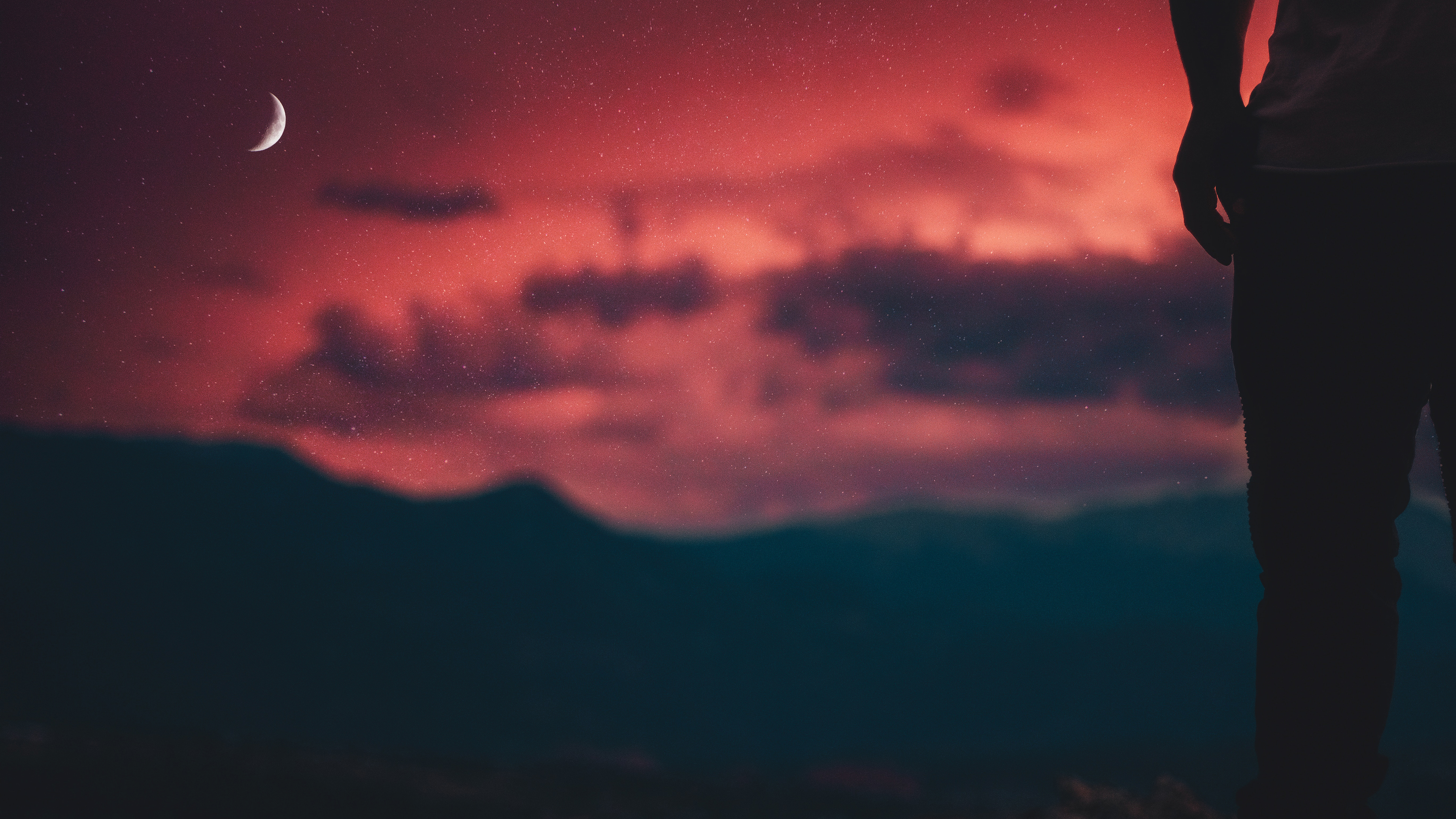 Person standing on mountain under crescent moon and starry sky HD Wallpaper
