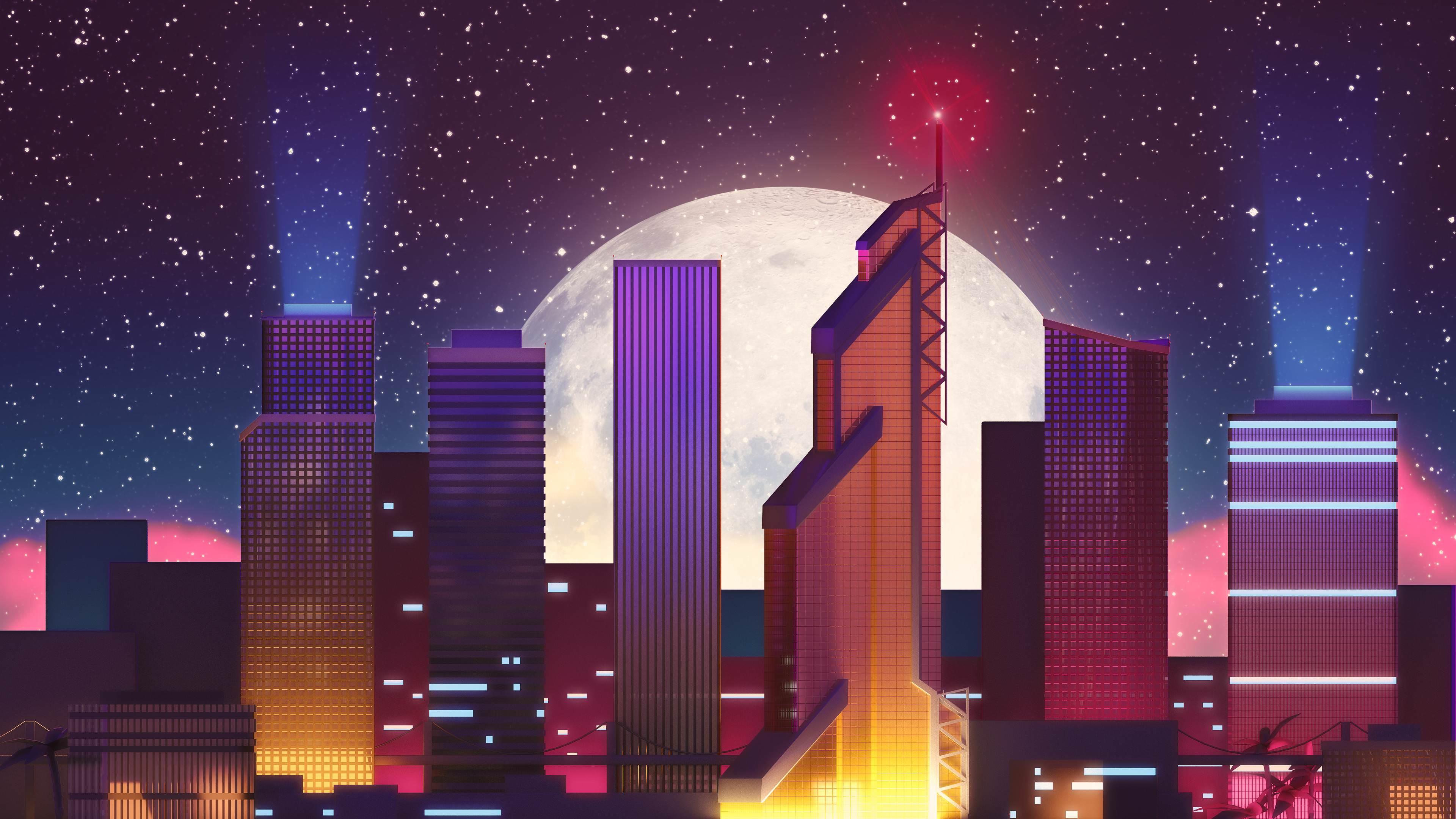 Retro cityscape with moon and stars HD Wallpaper