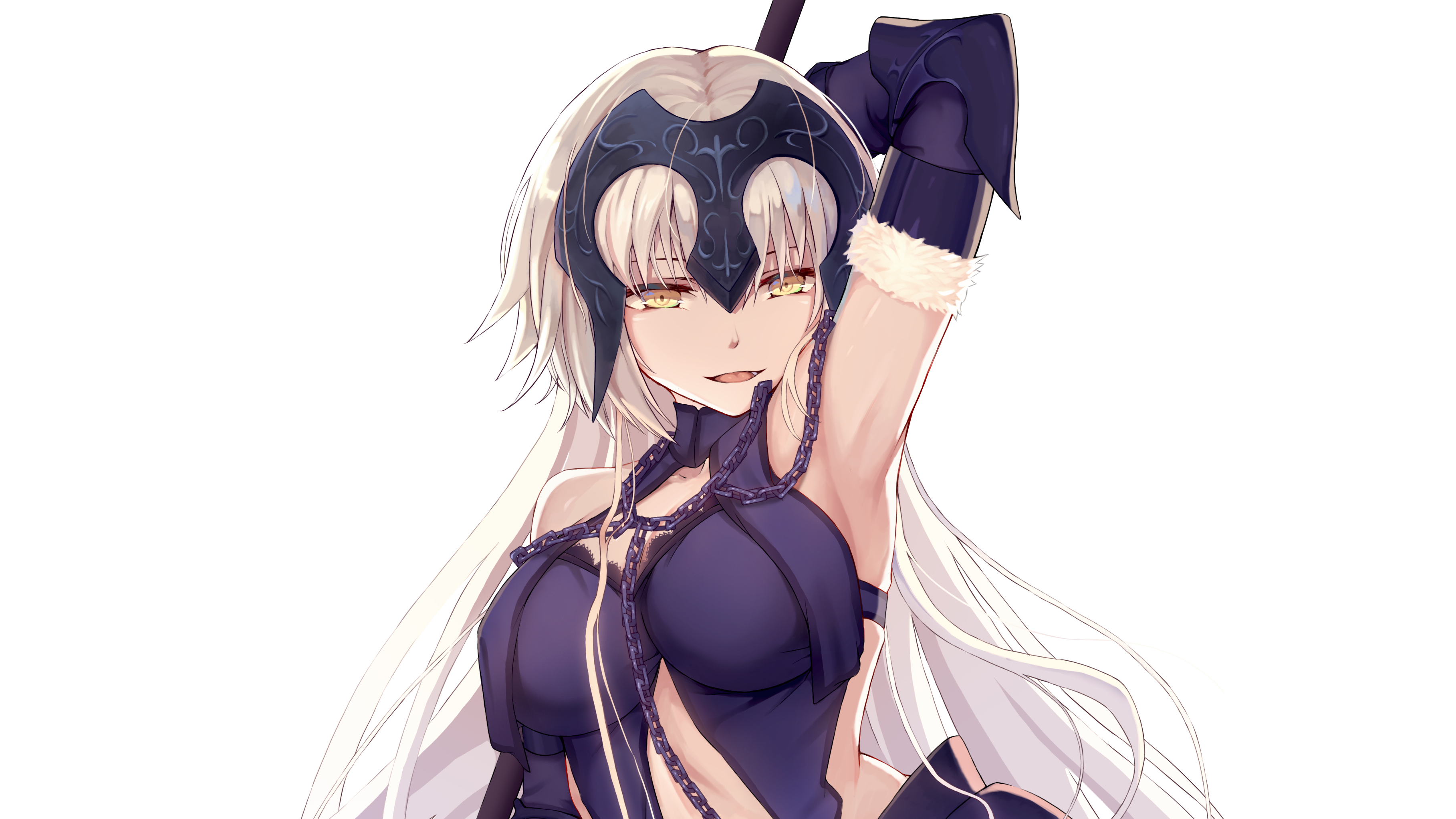 white  background elbow gloves yellow eyes blonde FateGrand Order chains long hair Jeanne darc alter gloves Jeanne dArc boobs Fate Series weapon cropped armor HD Wallpaper