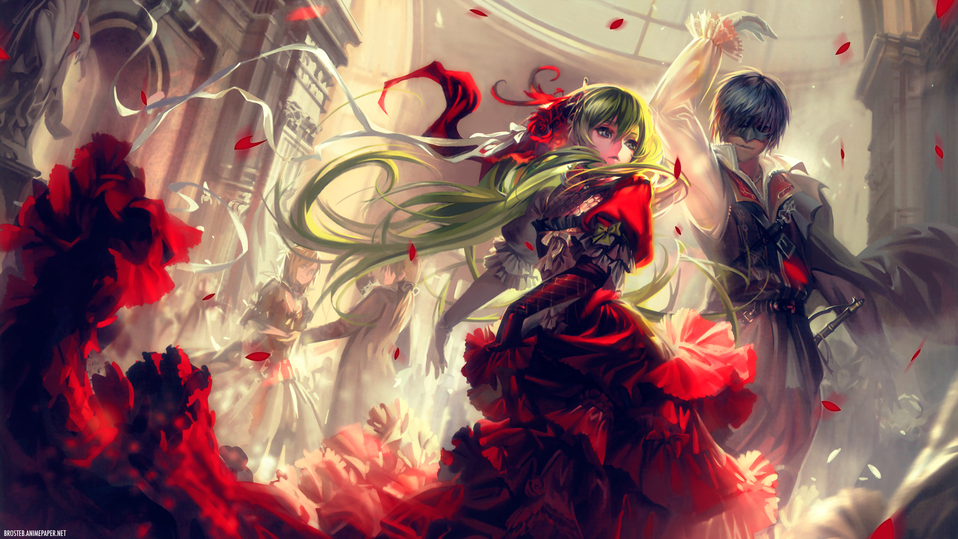 Couple in red dresses dancing with flower petals HD Wallpaper