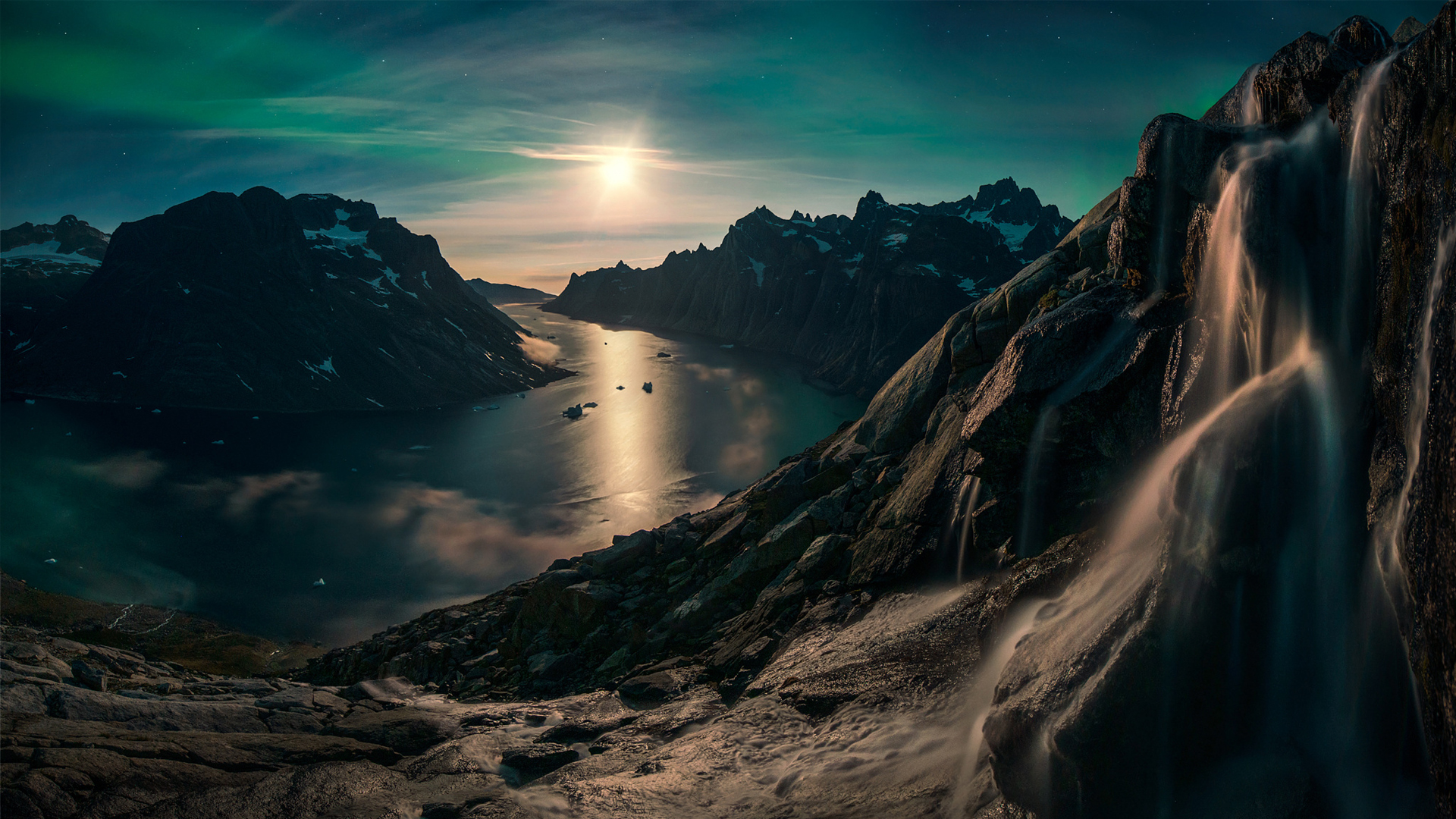 Aurora Borealis over a Fjord with Waterfall HD Wallpaper