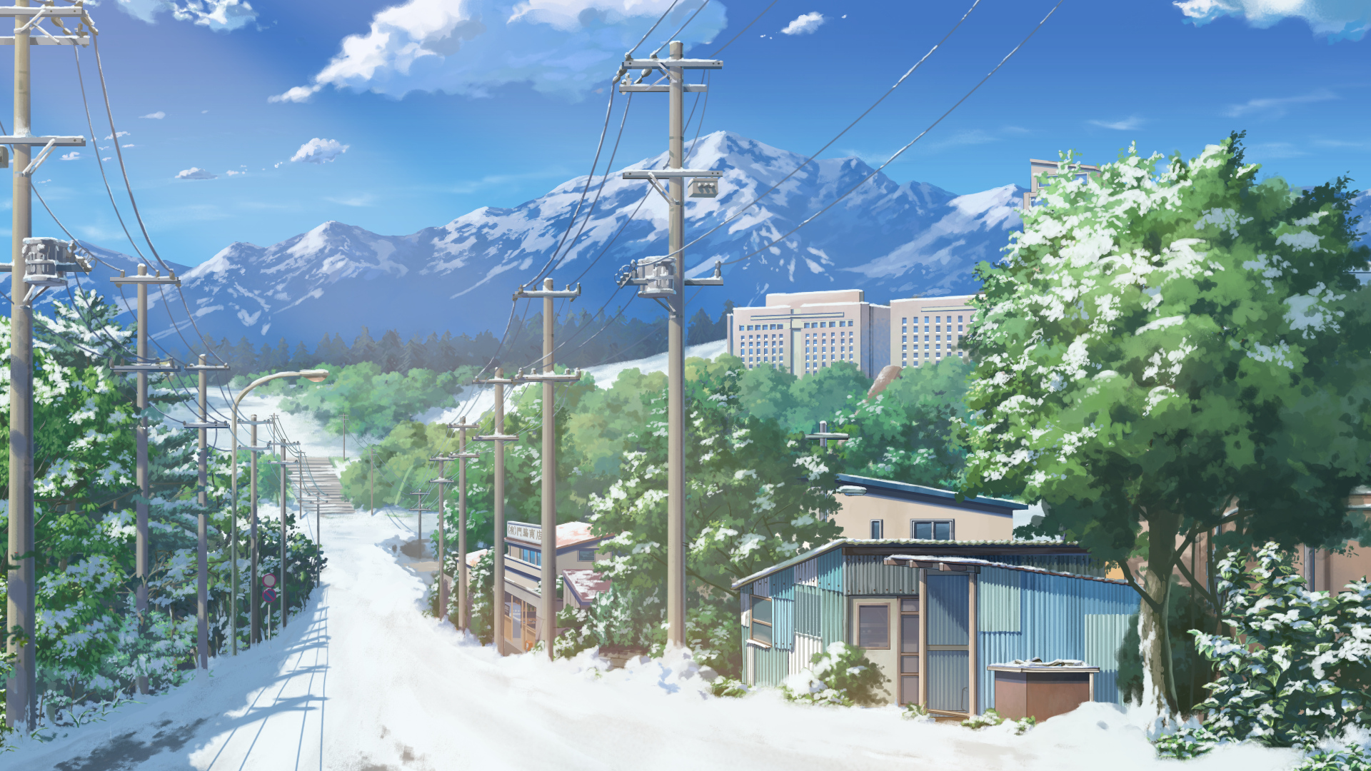 Anime winter scene with snow-covered mountains and buildings HD Wallpaper