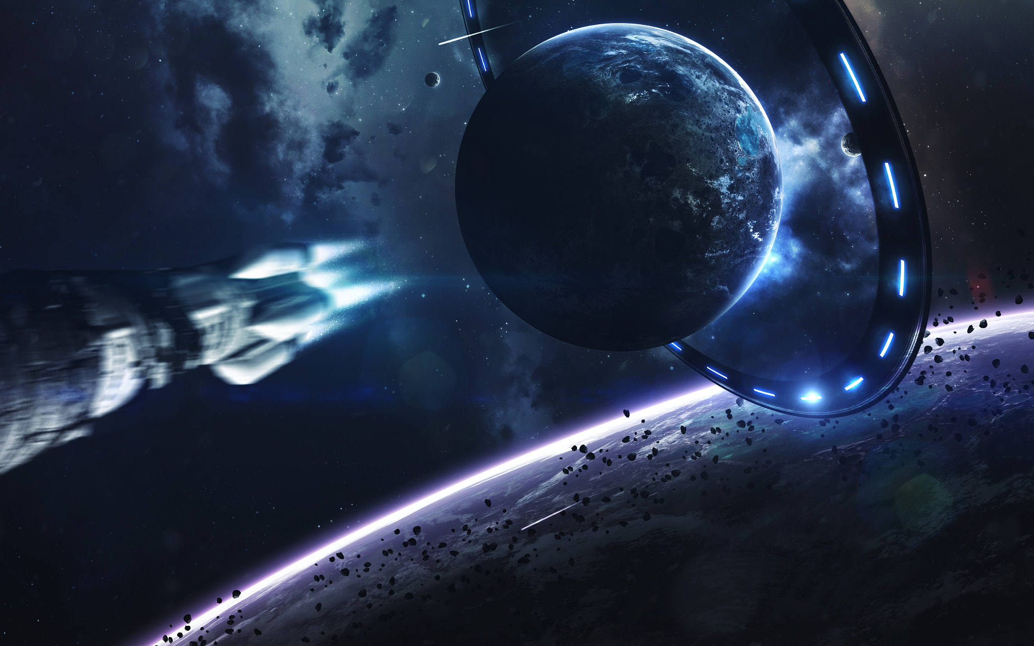 Spaceship approaching a ringed planet in deep space HD Wallpaper
