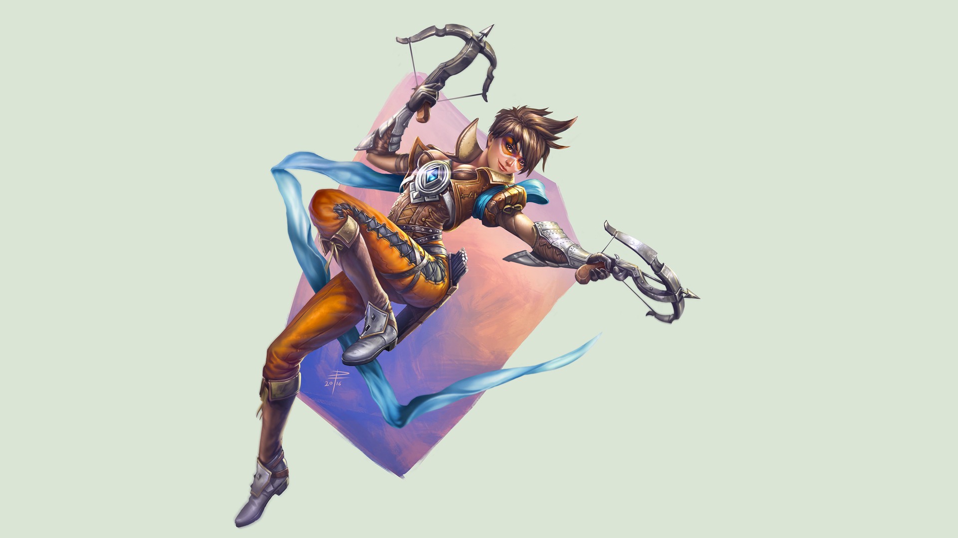 Tracer from Overwatch with dual crossbows HD Wallpaper