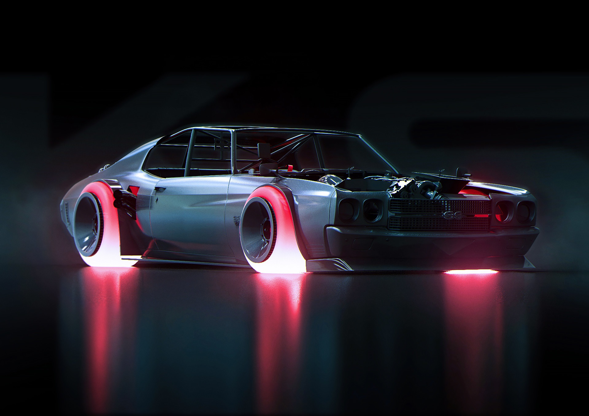 Futuristic silver muscle car with glowing red wheels HD Wallpaper