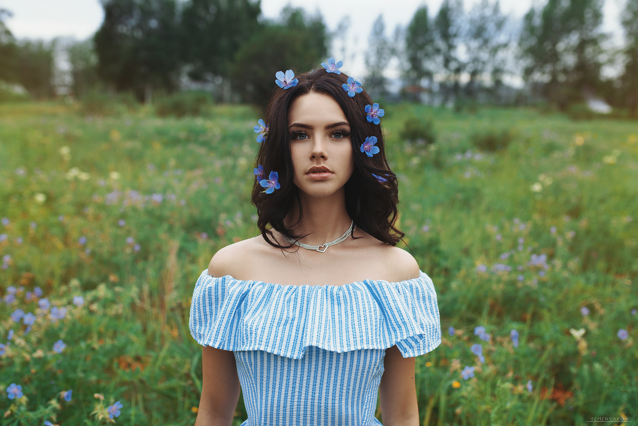 Woman with blue flowers in her hair in a field HD Wallpaper