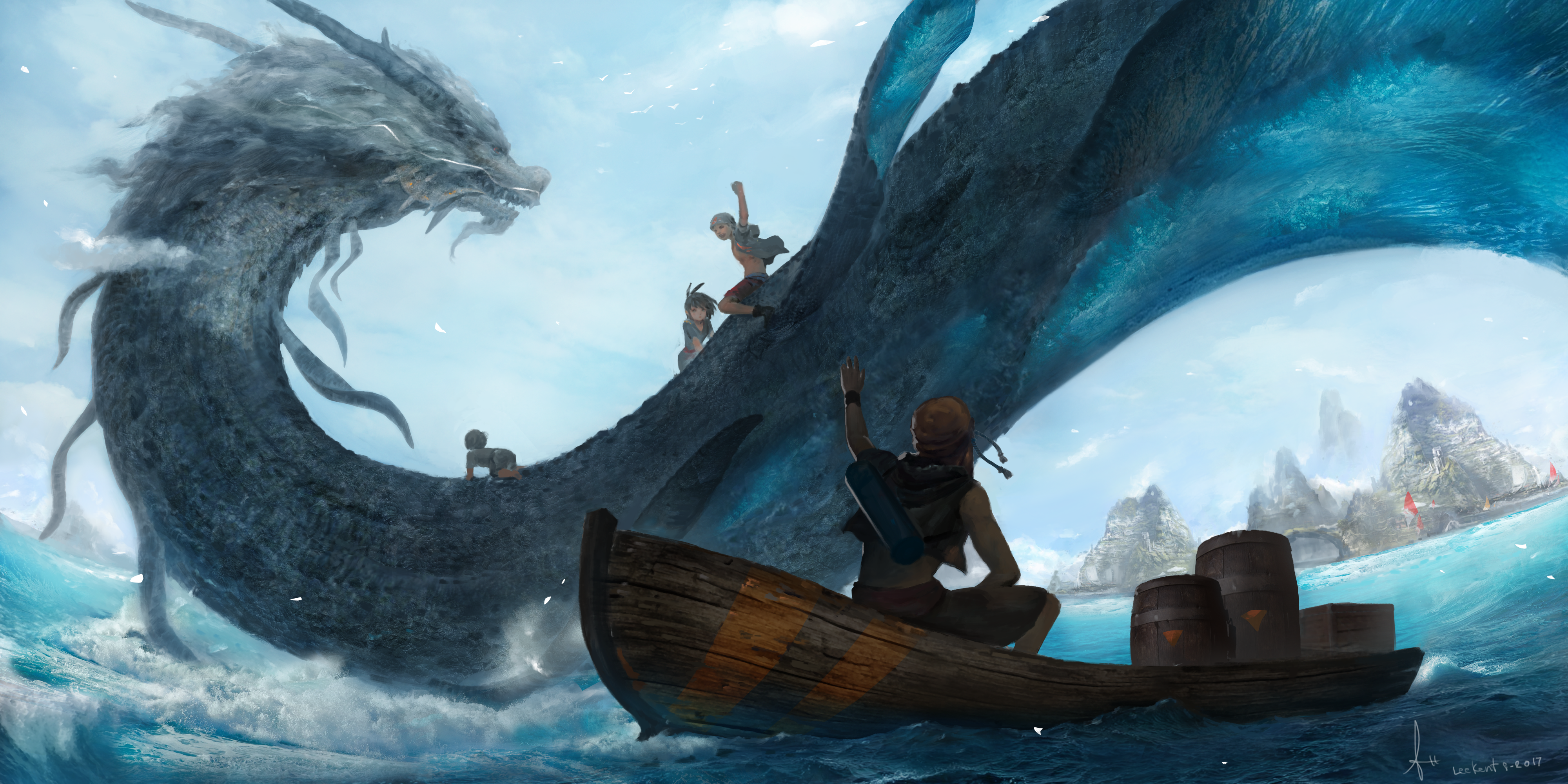 Dragon and people on a boat in the ocean HD Wallpaper