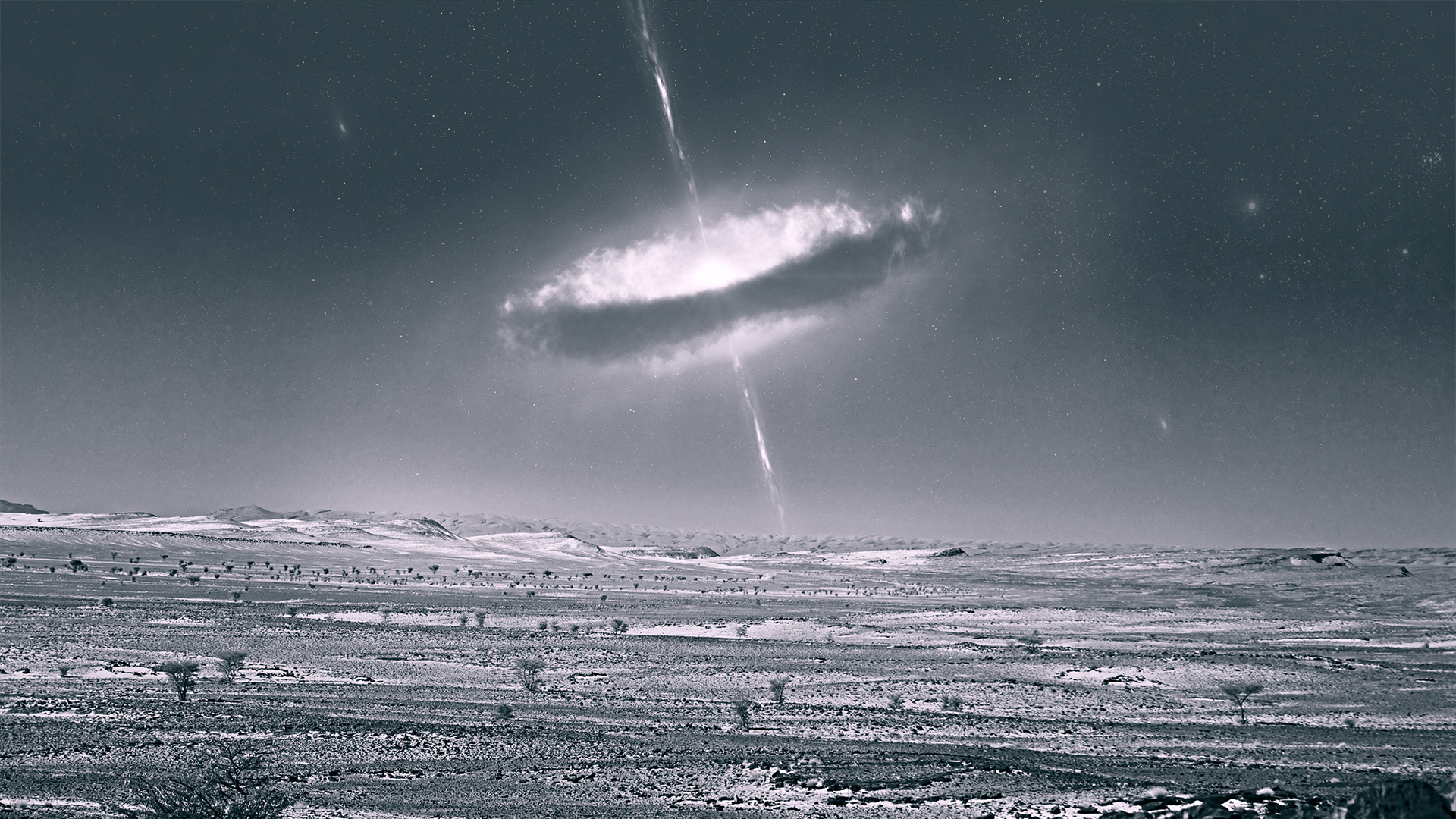 Black hole with jets over a desert landscape HD Wallpaper