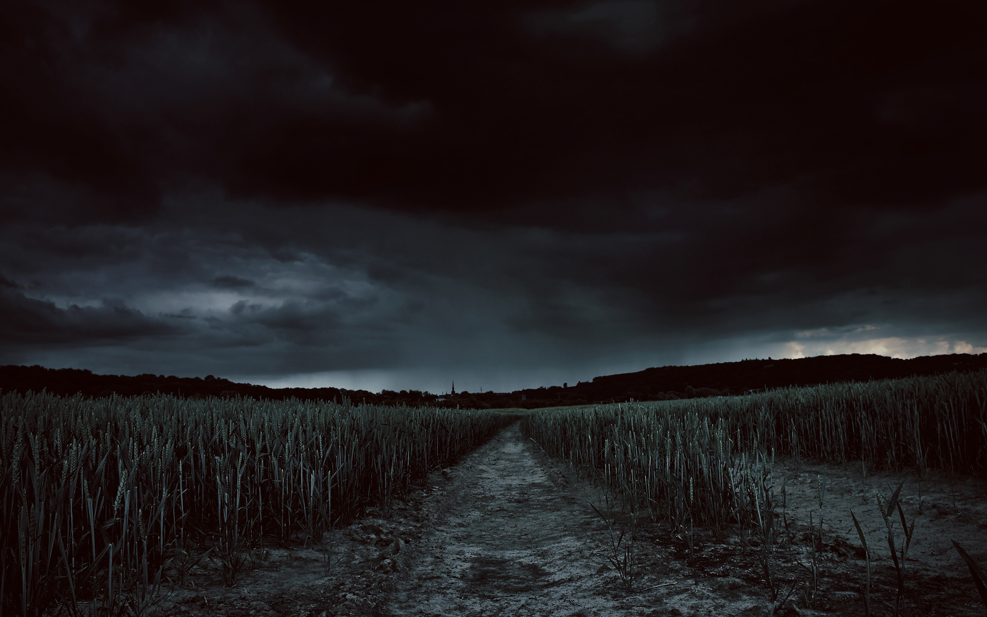 Dirt path through a field under a dark sky HD Wallpaper