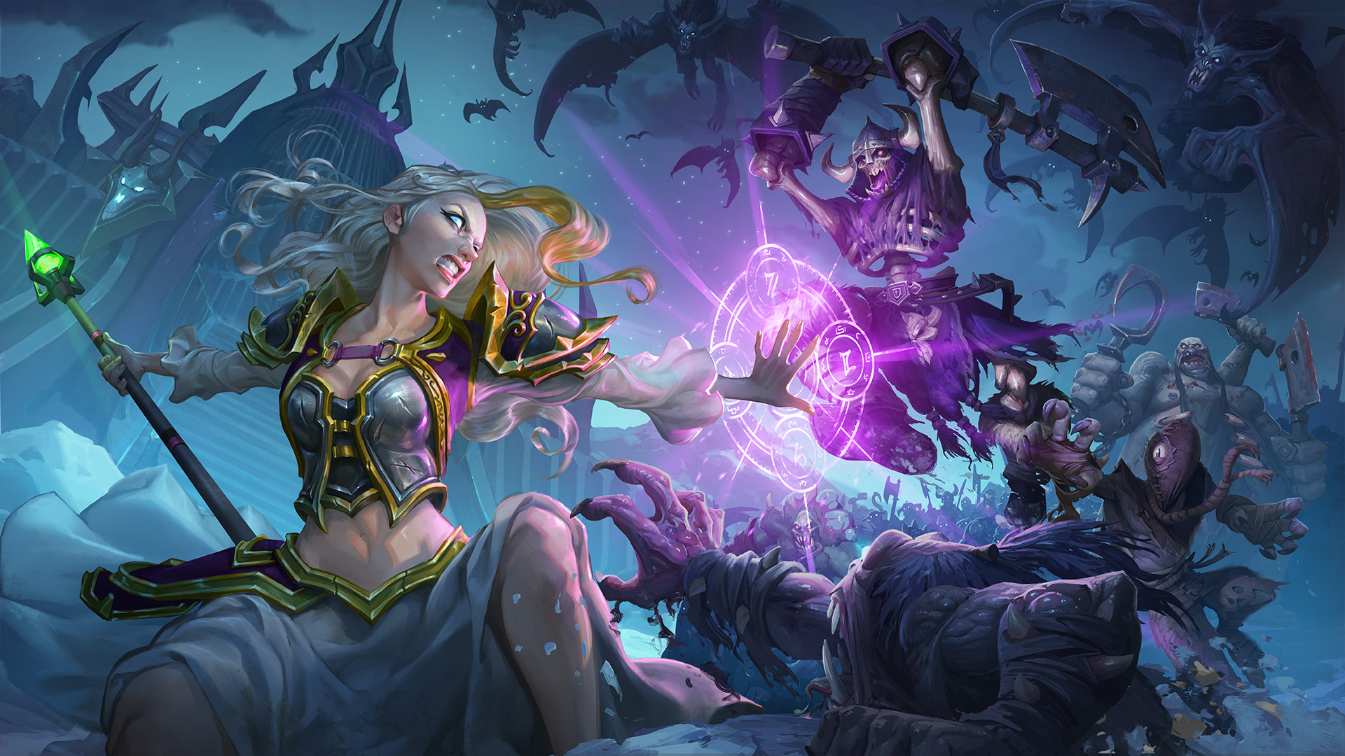 Woman casting spell against undead in Hearthstone: Knights of the Frozen Throne HD Wallpaper