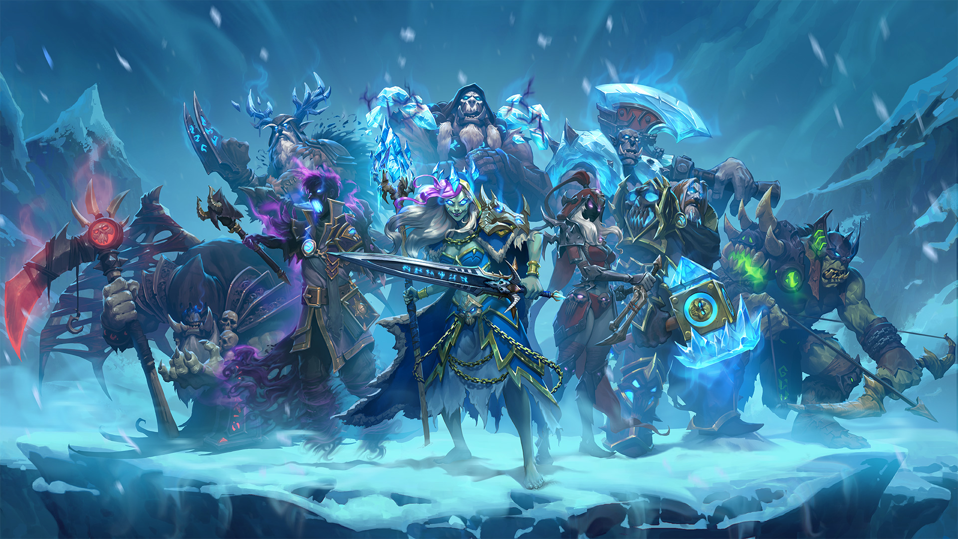 Hearthstone Knights of the Frozen Throne characters in snow HD Wallpaper