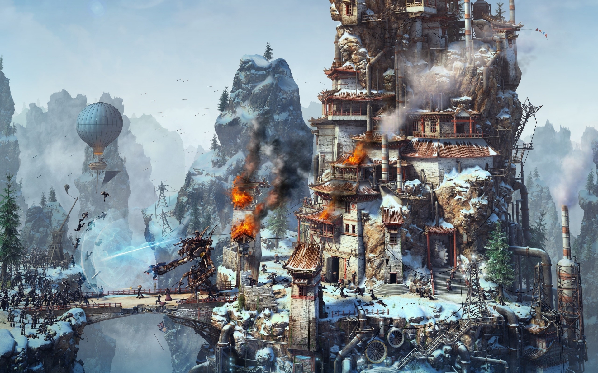 Steampunk battle with robots and hot air balloons in snowy mountains HD Wallpaper