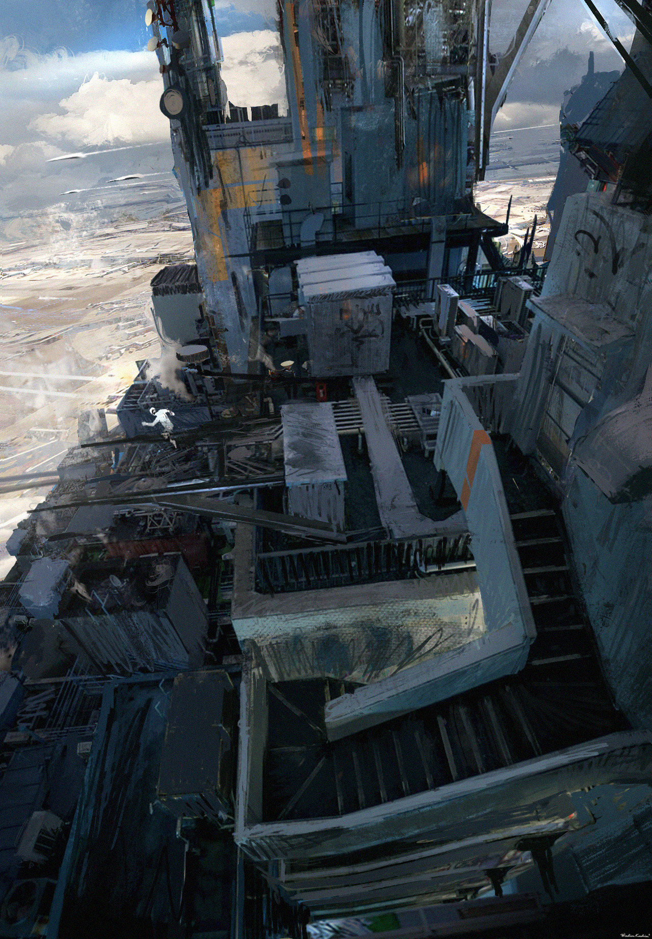 A lone figure on a futuristic industrial structure HD Wallpaper