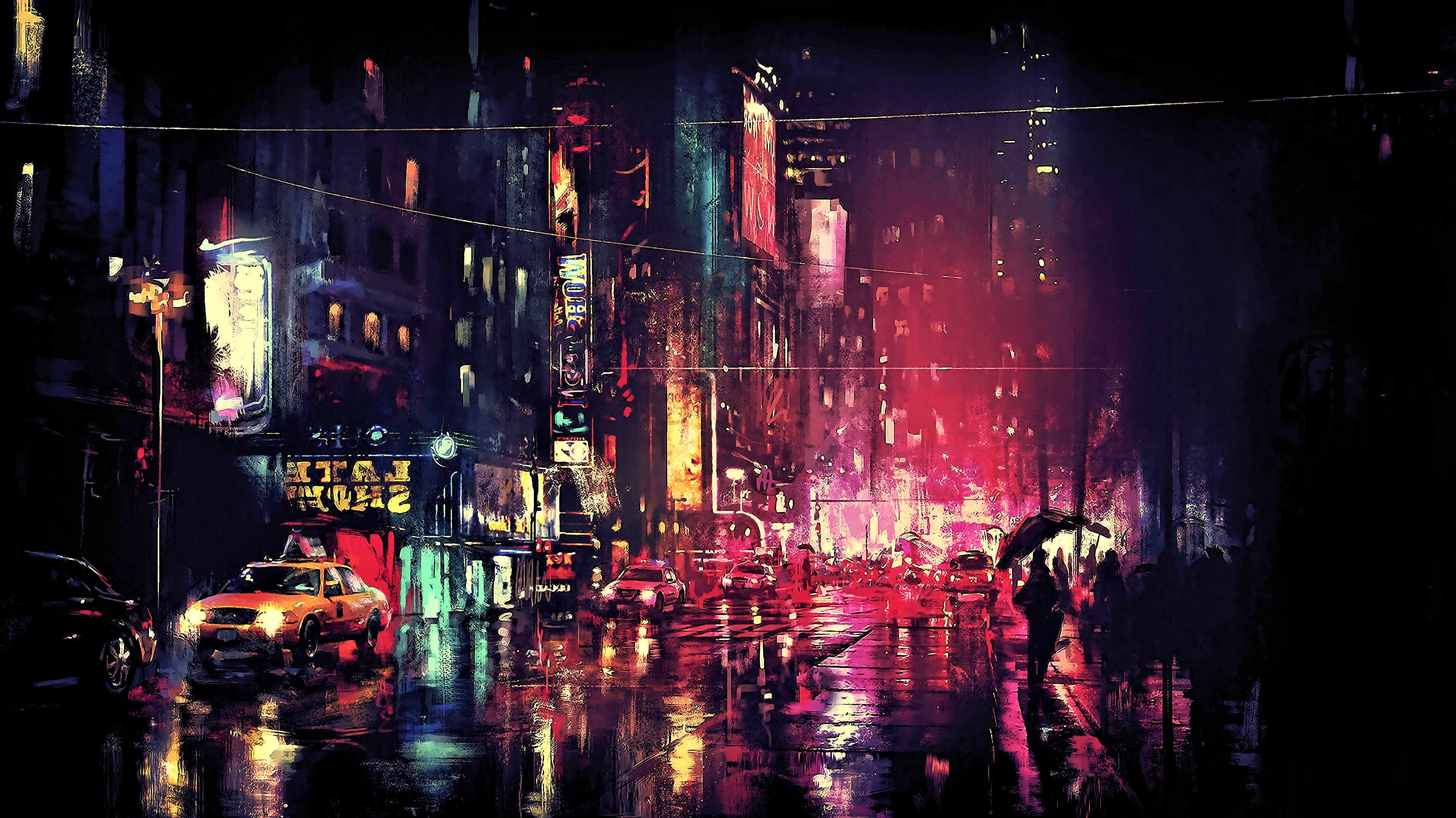 Rainy city street at night with neon lights HD Wallpaper
