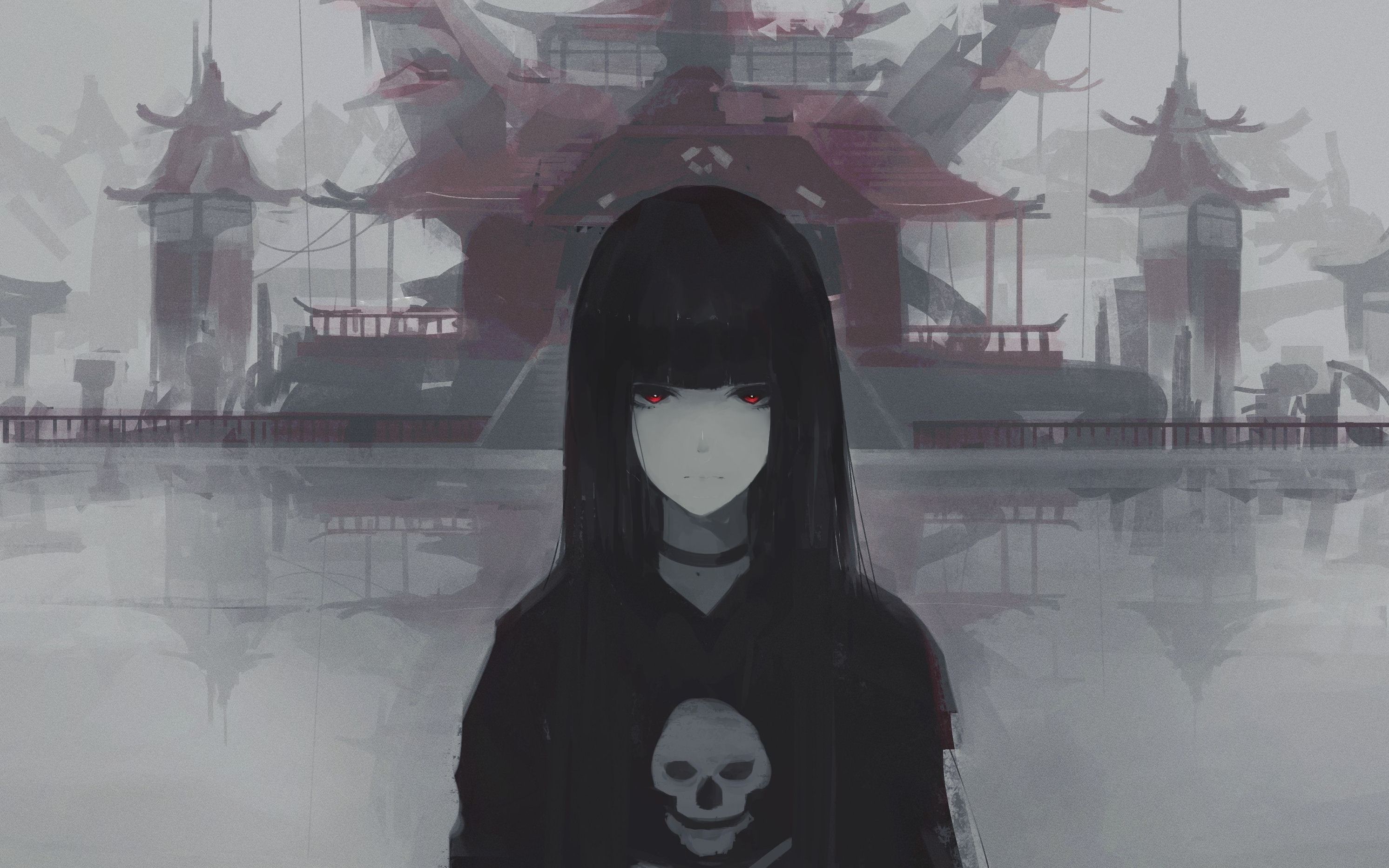 Girl with black hair and red eyes in front of Japanese architecture HD Wallpaper