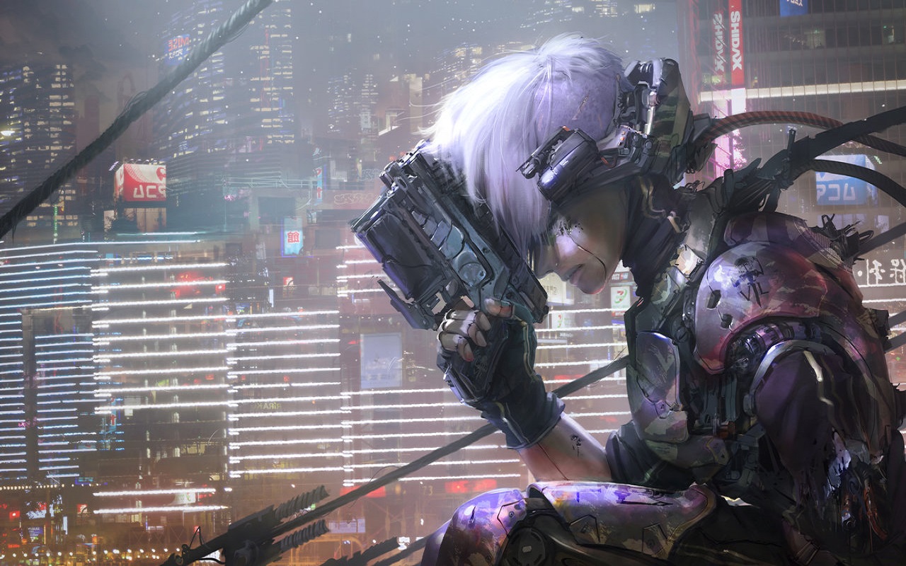 Cyberpunk character with gun in neon cityscape HD Wallpaper