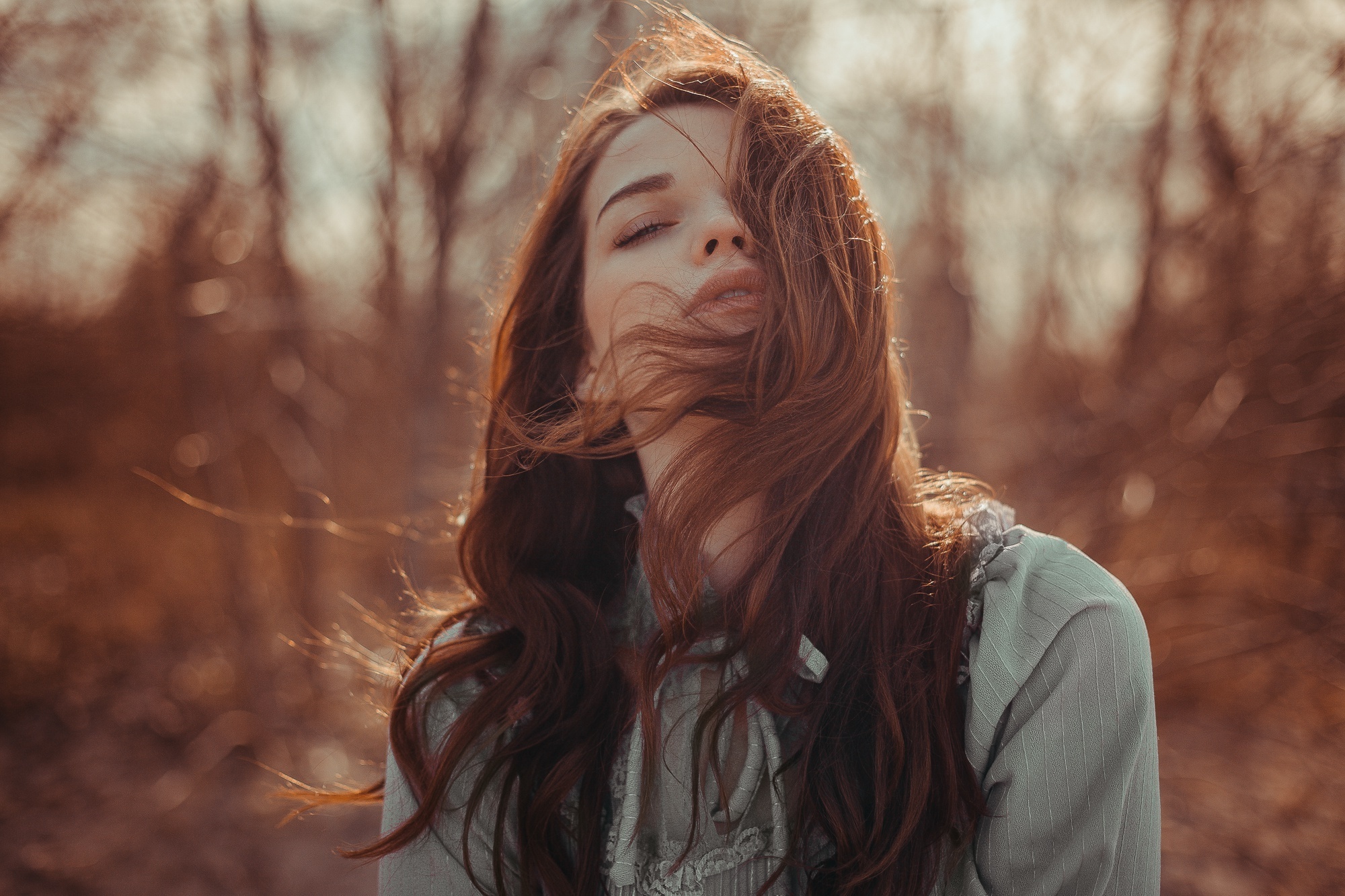 Woman with red hair outdoors HD Wallpaper