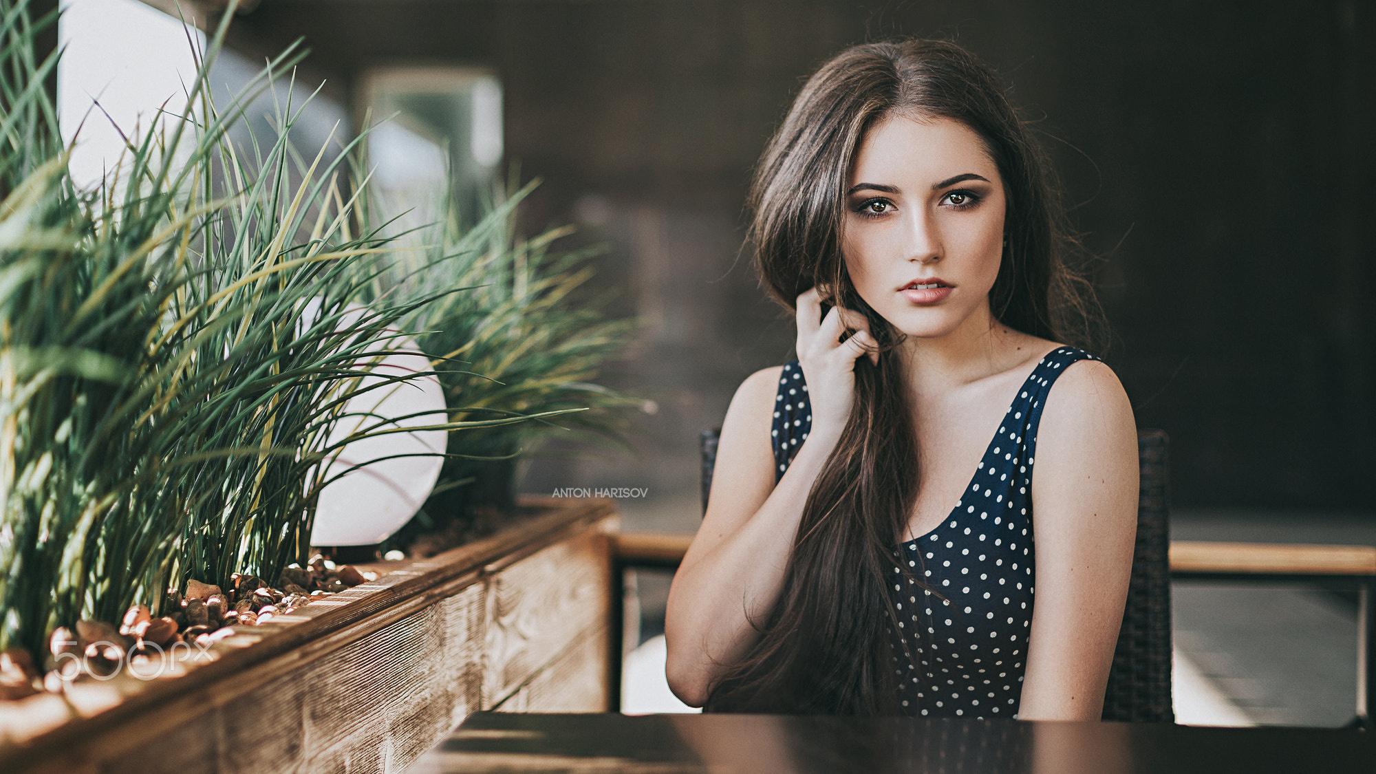 Woman with long brown hair in a polka dot dress HD Wallpaper