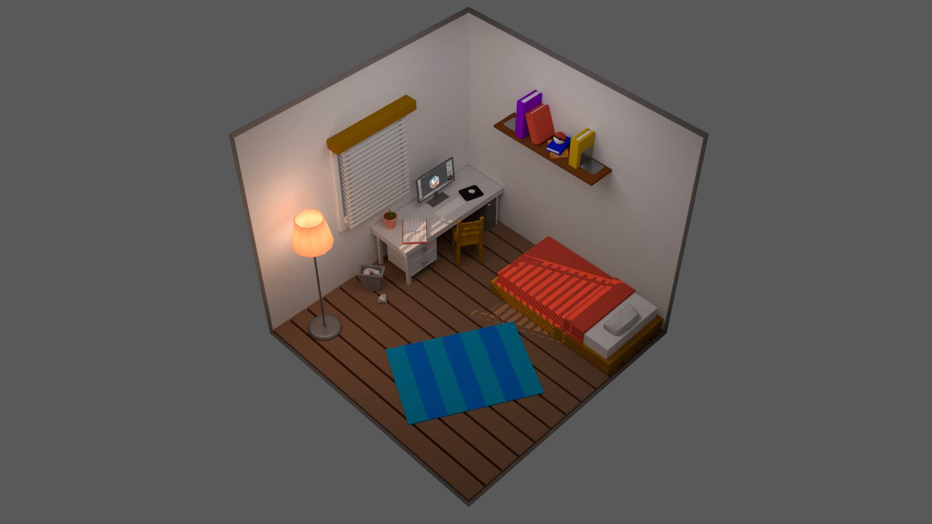 Isometric room with desk, bed, and lamp HD Wallpaper