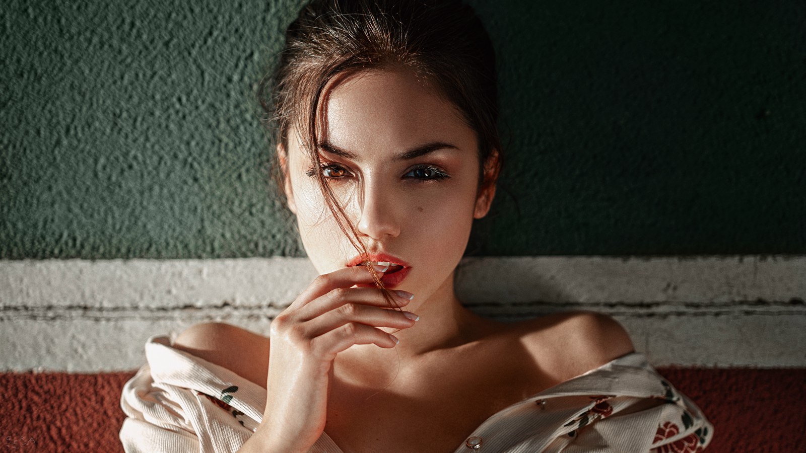 Portrait of a woman with finger in mouth by Georgy Chernyadyev HD Wallpaper