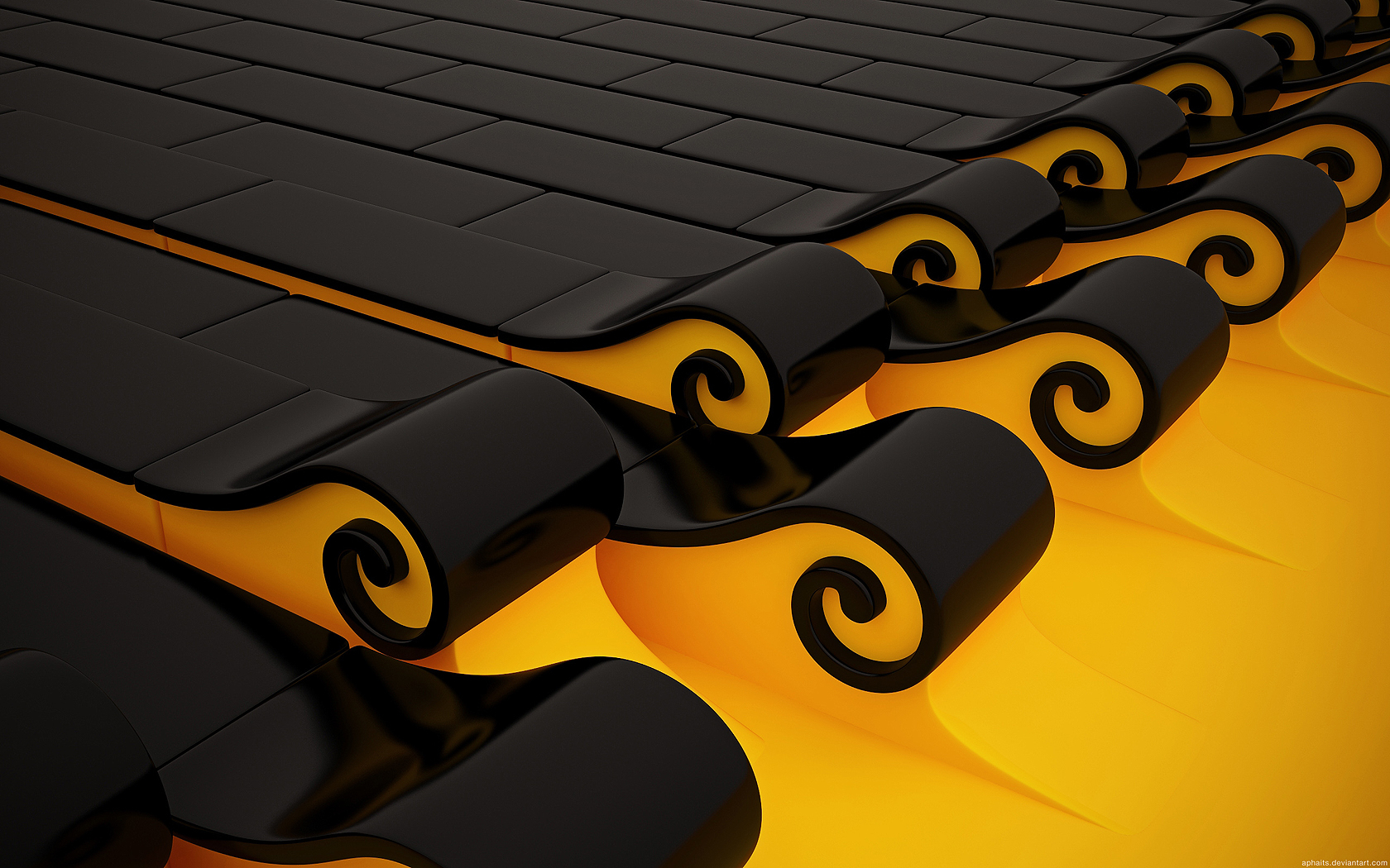 Abstract 3D digital art with black and yellow elements HD Wallpaper