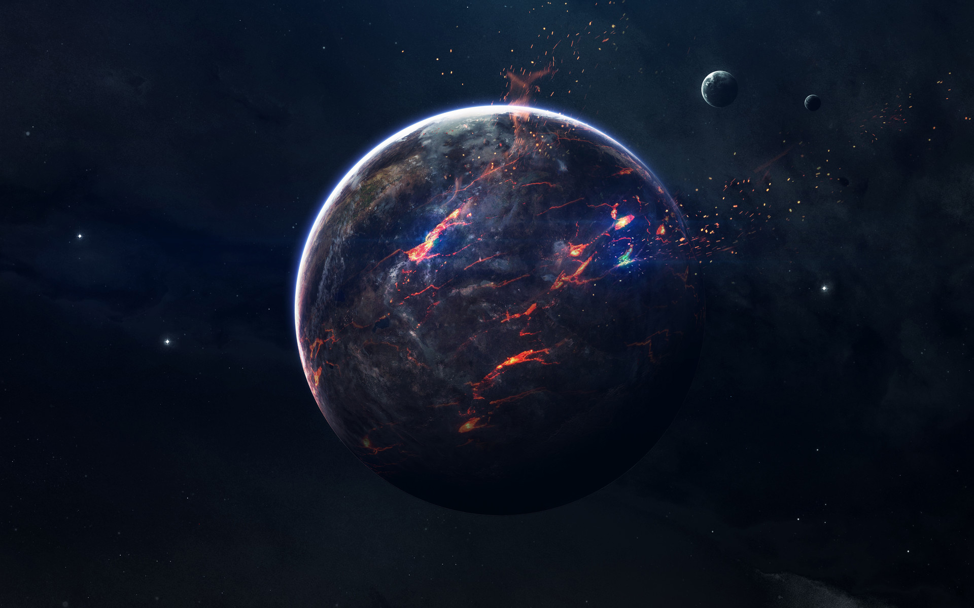 Abstract planet with lava and moons in space HD Wallpaper