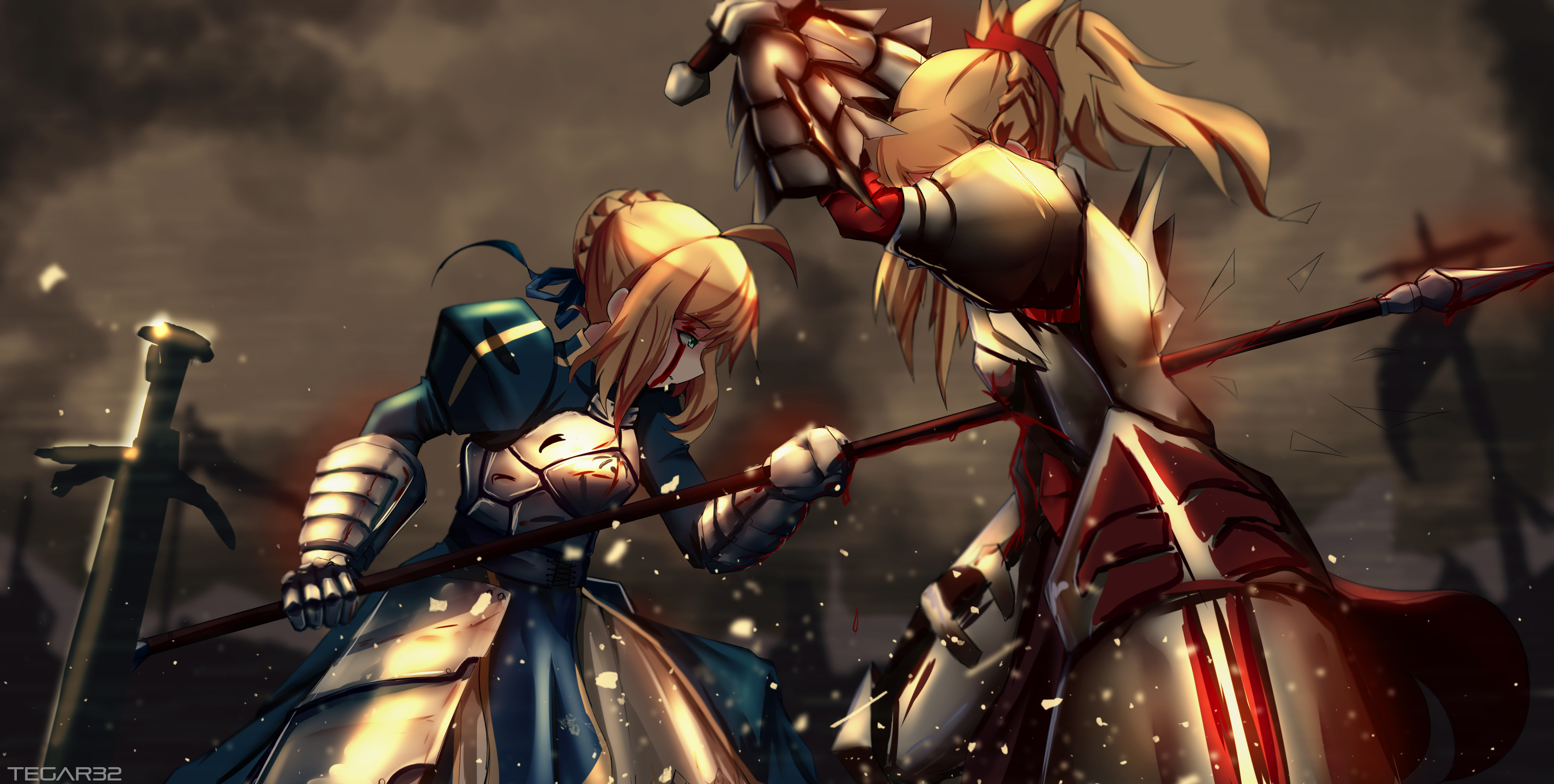 Mordred and Saber from Fate Series in battle HD Wallpaper