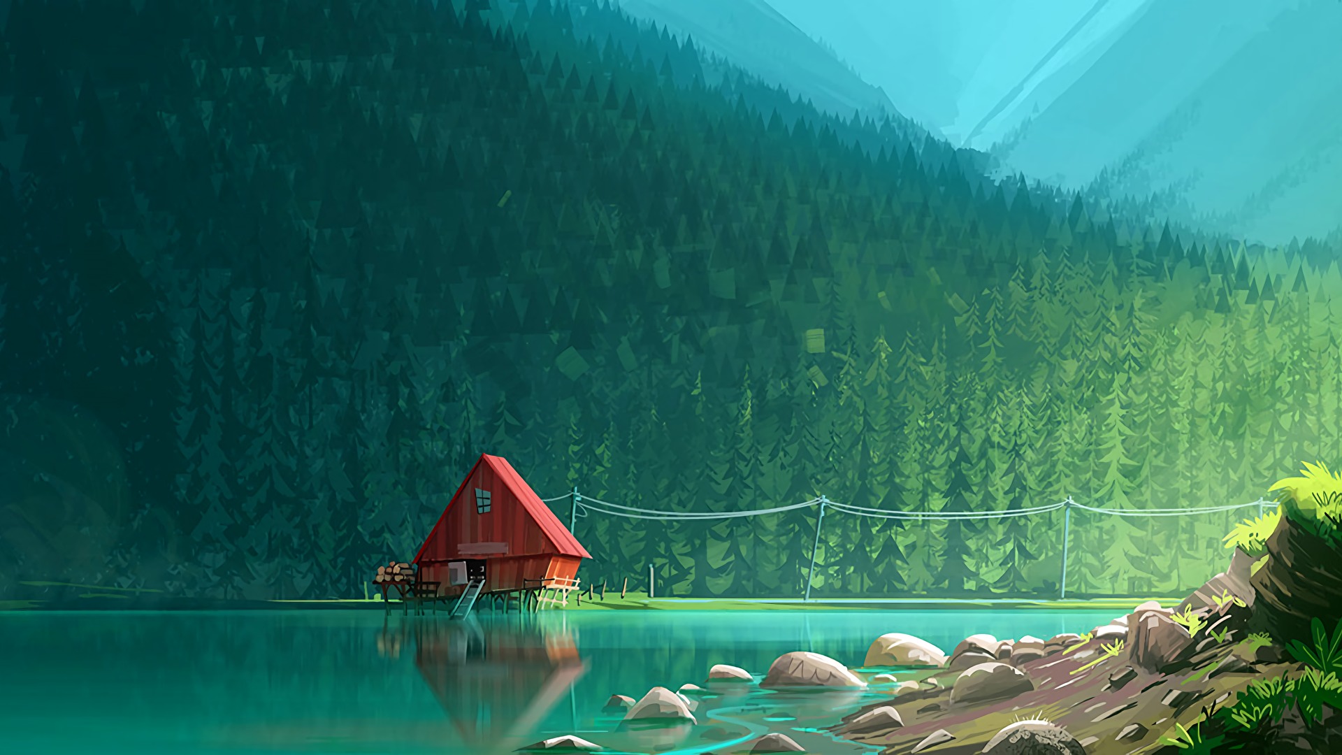 Red house on stilts by a lake with a forest background HD Wallpaper