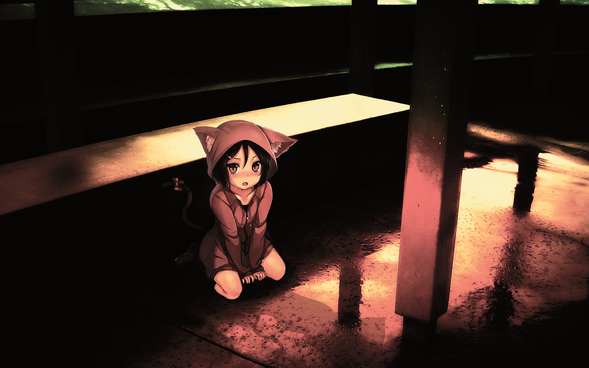 Anime cat girl in red hoodie sitting on wet floor HD Wallpaper