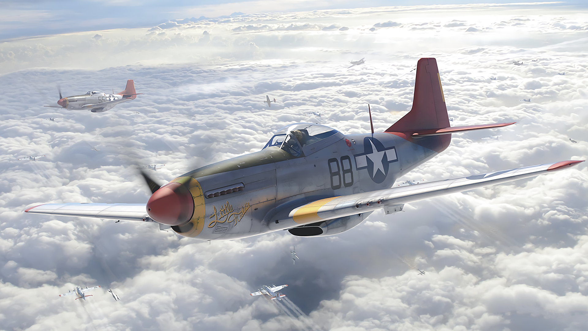 North American P-51 Mustangs flying above clouds HD Wallpaper