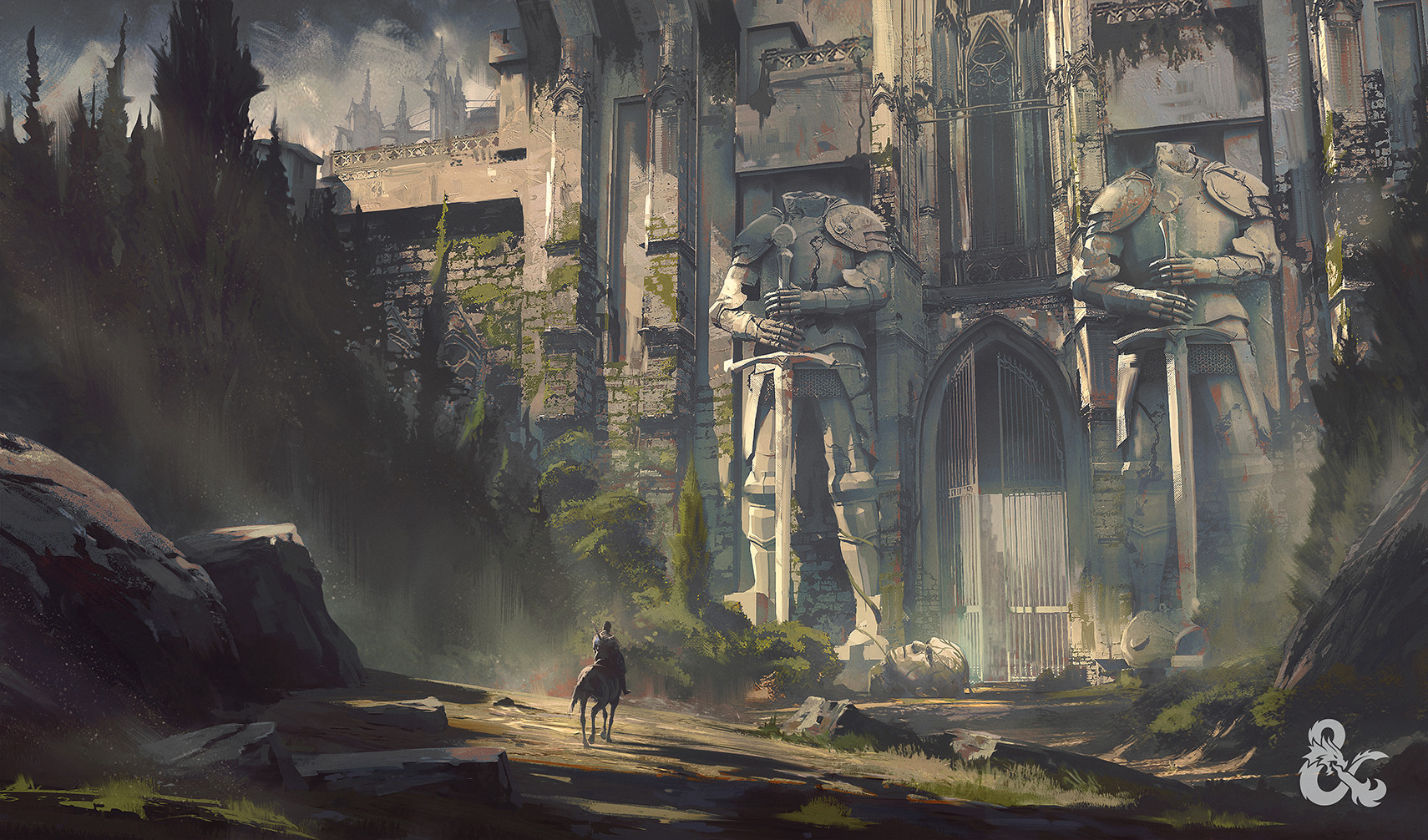 Fantasy art of a knight on horseback approaching giant statues HD Wallpaper