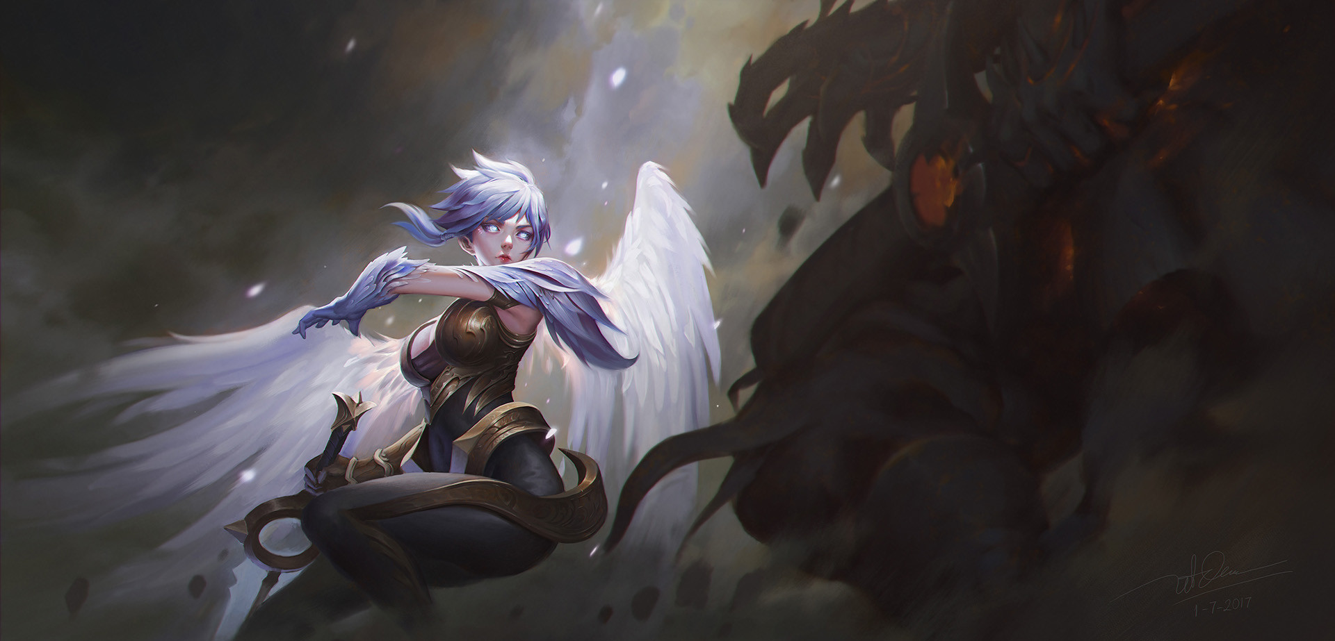 Angel warrior facing a dragon in fantasy art HD Wallpaper